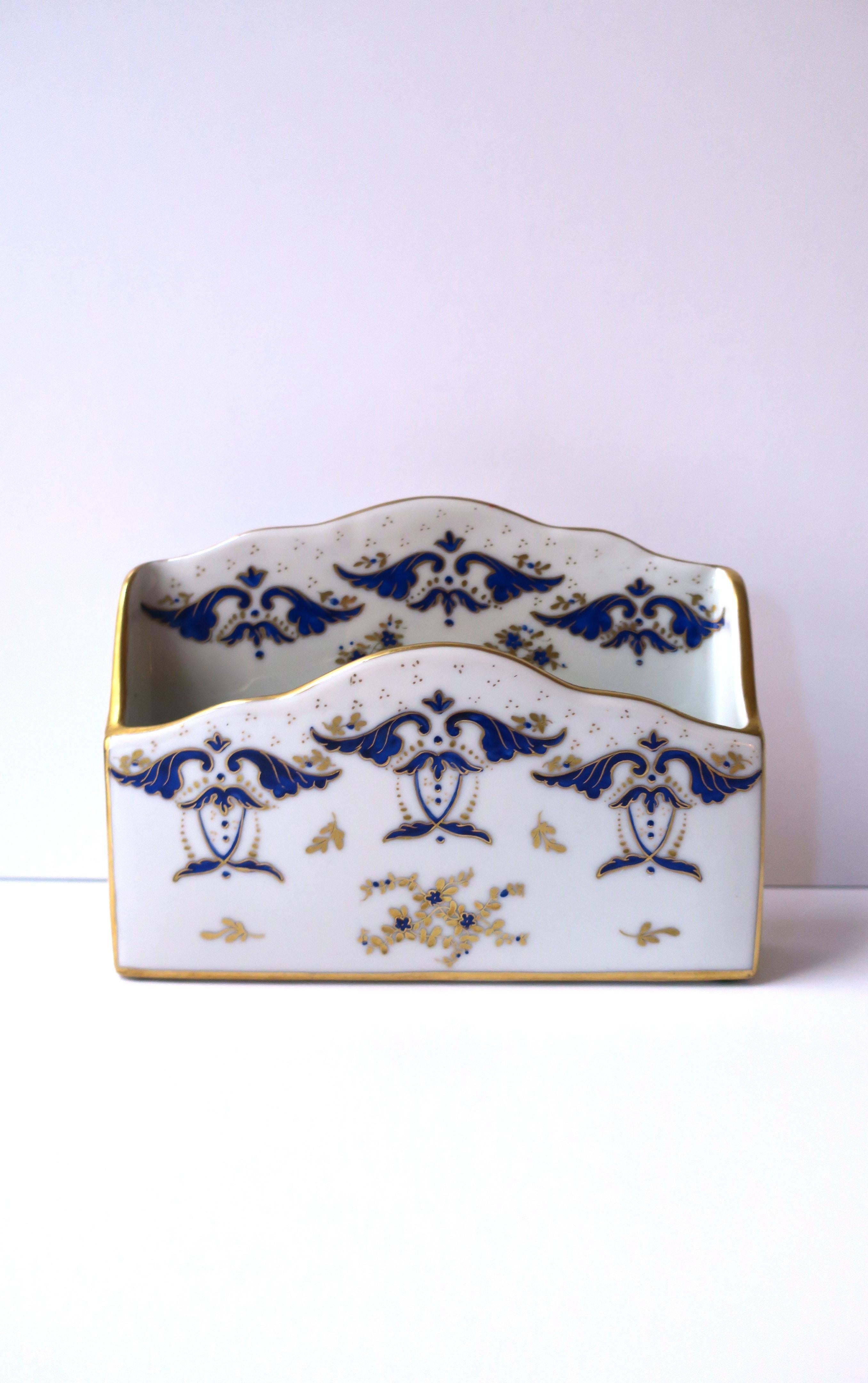 Hand-Painted French Blue Gold and White Porcelain Desk Letter Mail Holder from Paris For Sale