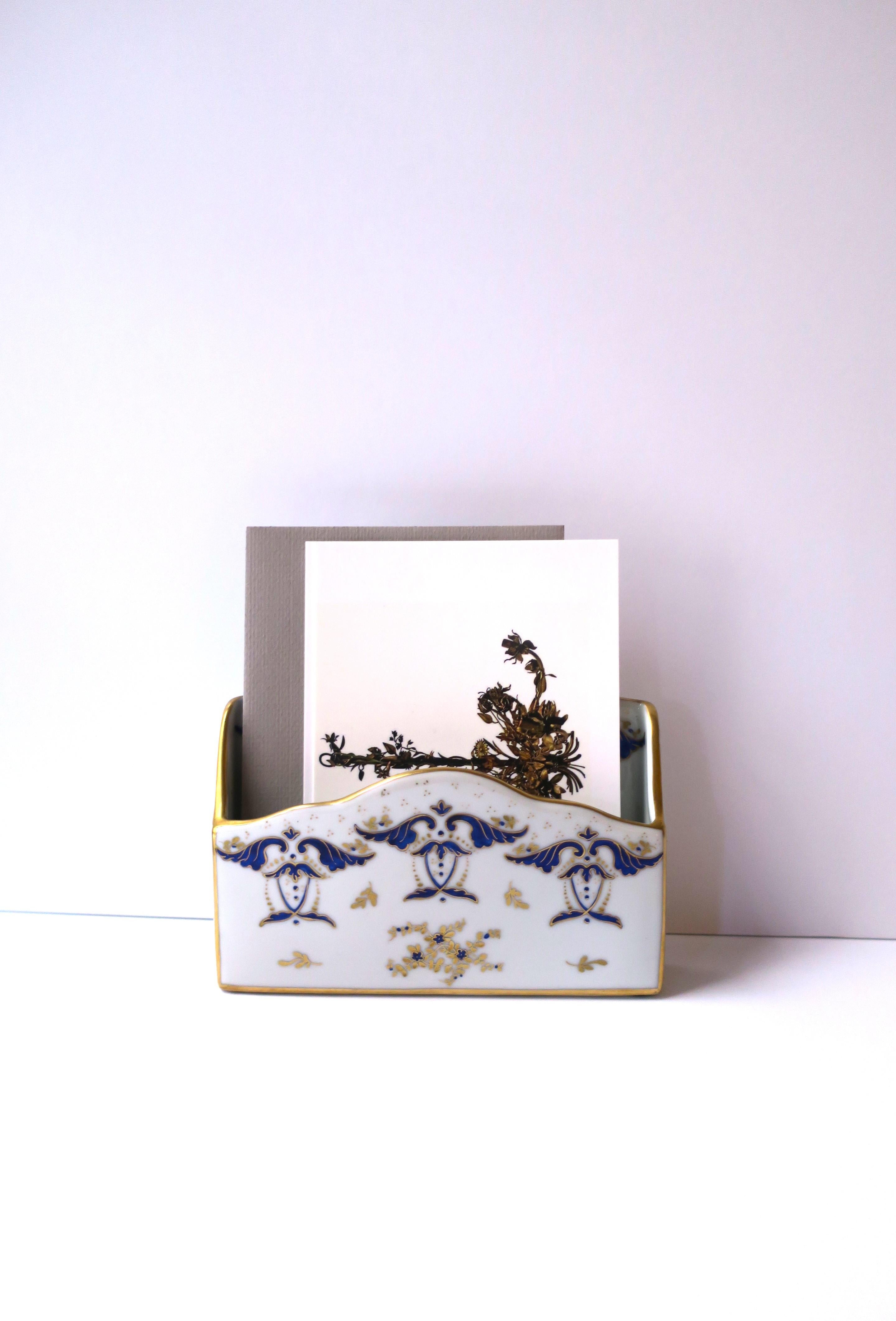 French Blue Gold and White Porcelain Desk Letter Mail Holder from Paris In Good Condition For Sale In New York, NY