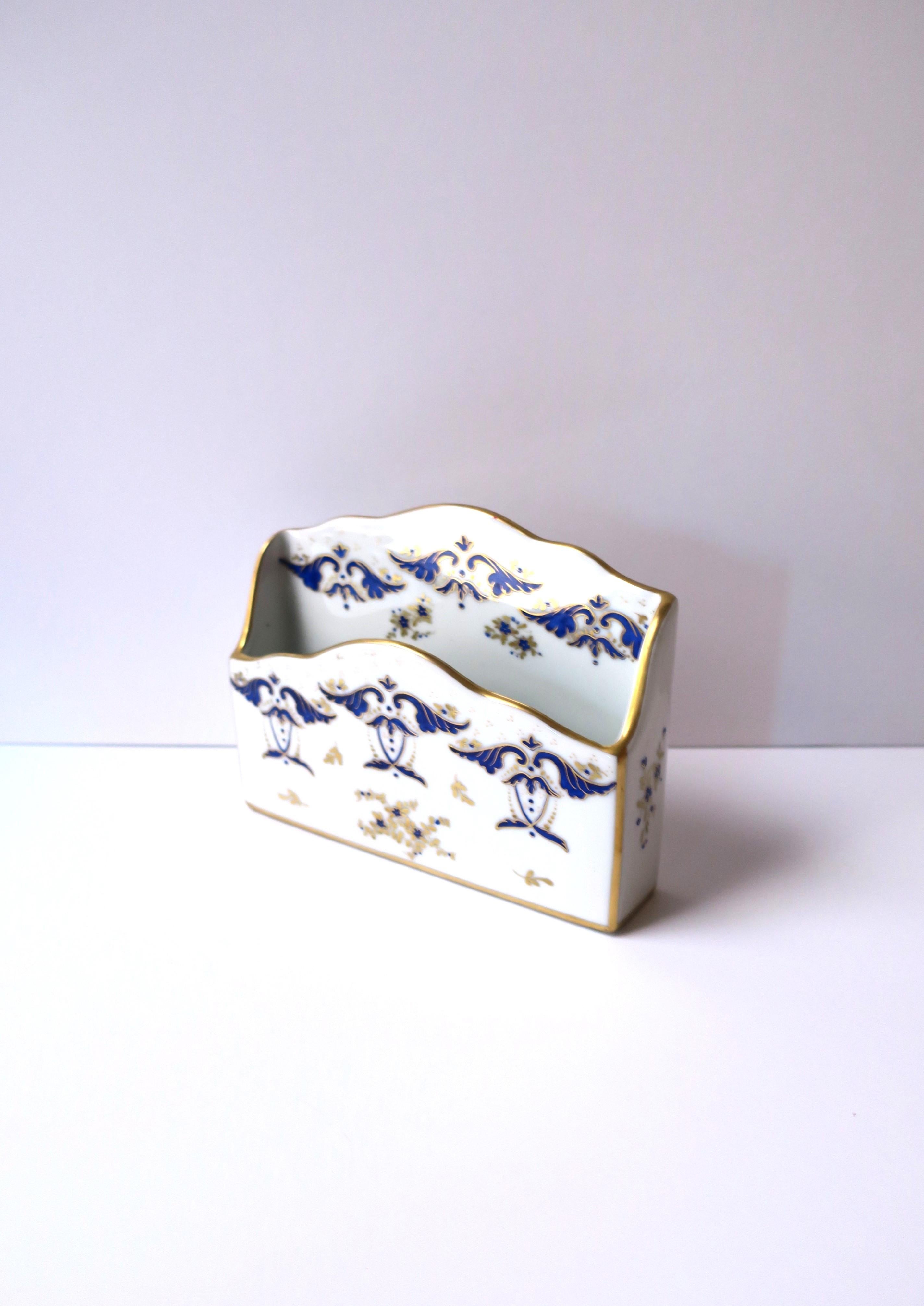 French Blue Gold and White Porcelain Desk Letter Mail Holder from Paris For Sale 2