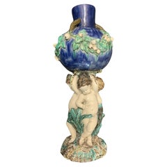 French Blue Green Ceramic Puttis Sarreguemines centerpiece, Art Nouveau  