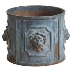 French Blue Iron Garden Planter with Lion Motifs, 19th Century