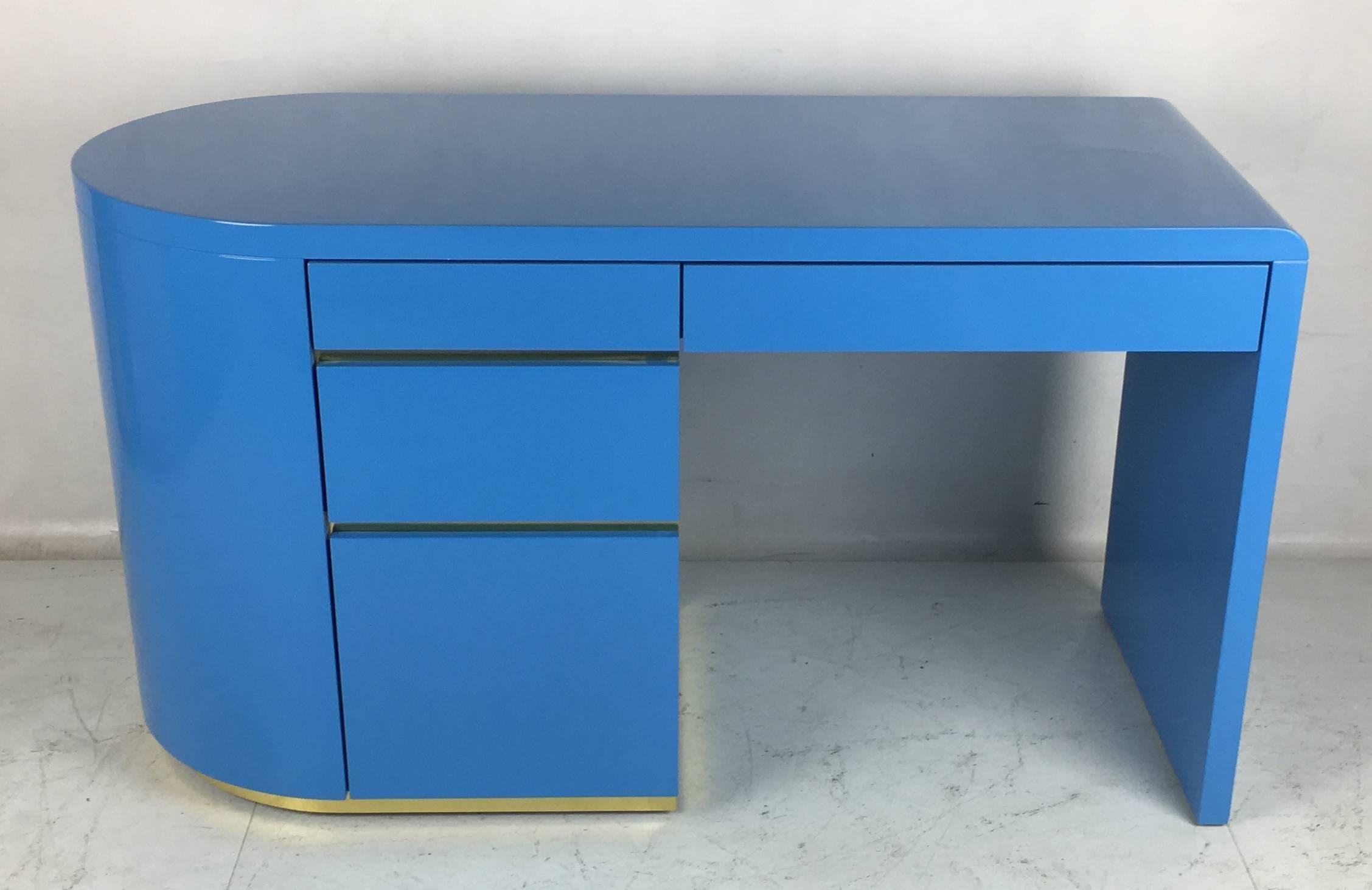 Mid-Century Modern French Blue Lacquer 1980s Writing Desk with Brass Trim