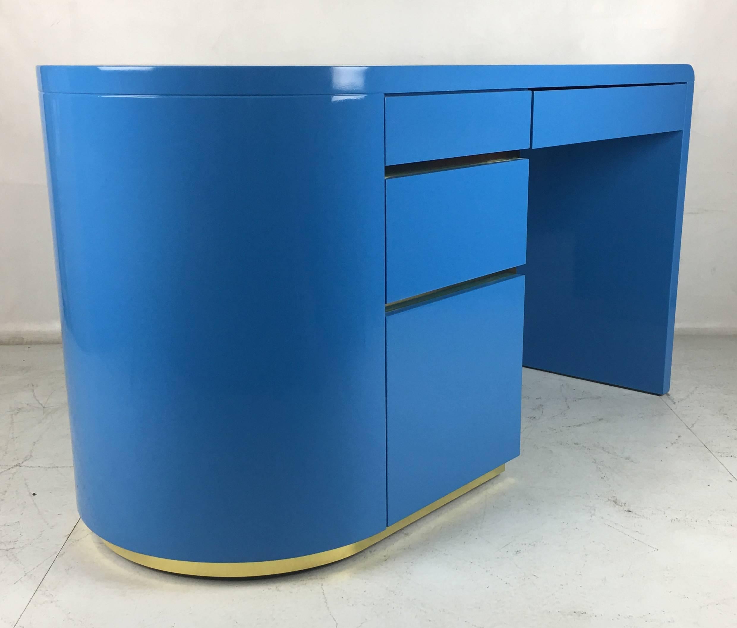 American French Blue Lacquer 1980s Writing Desk with Brass Trim
