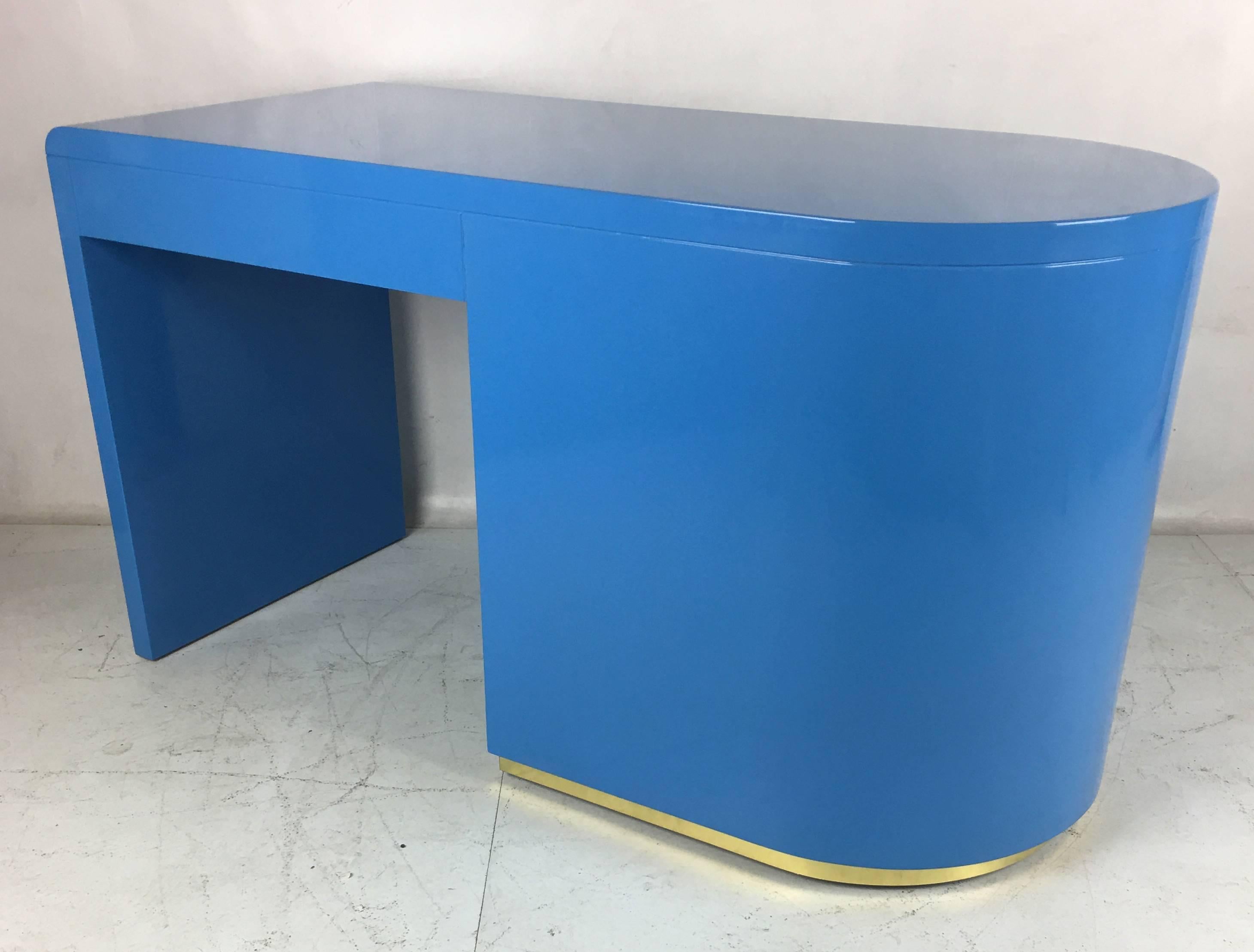 French Blue Lacquer 1980s Writing Desk with Brass Trim In Excellent Condition In Danville, CA