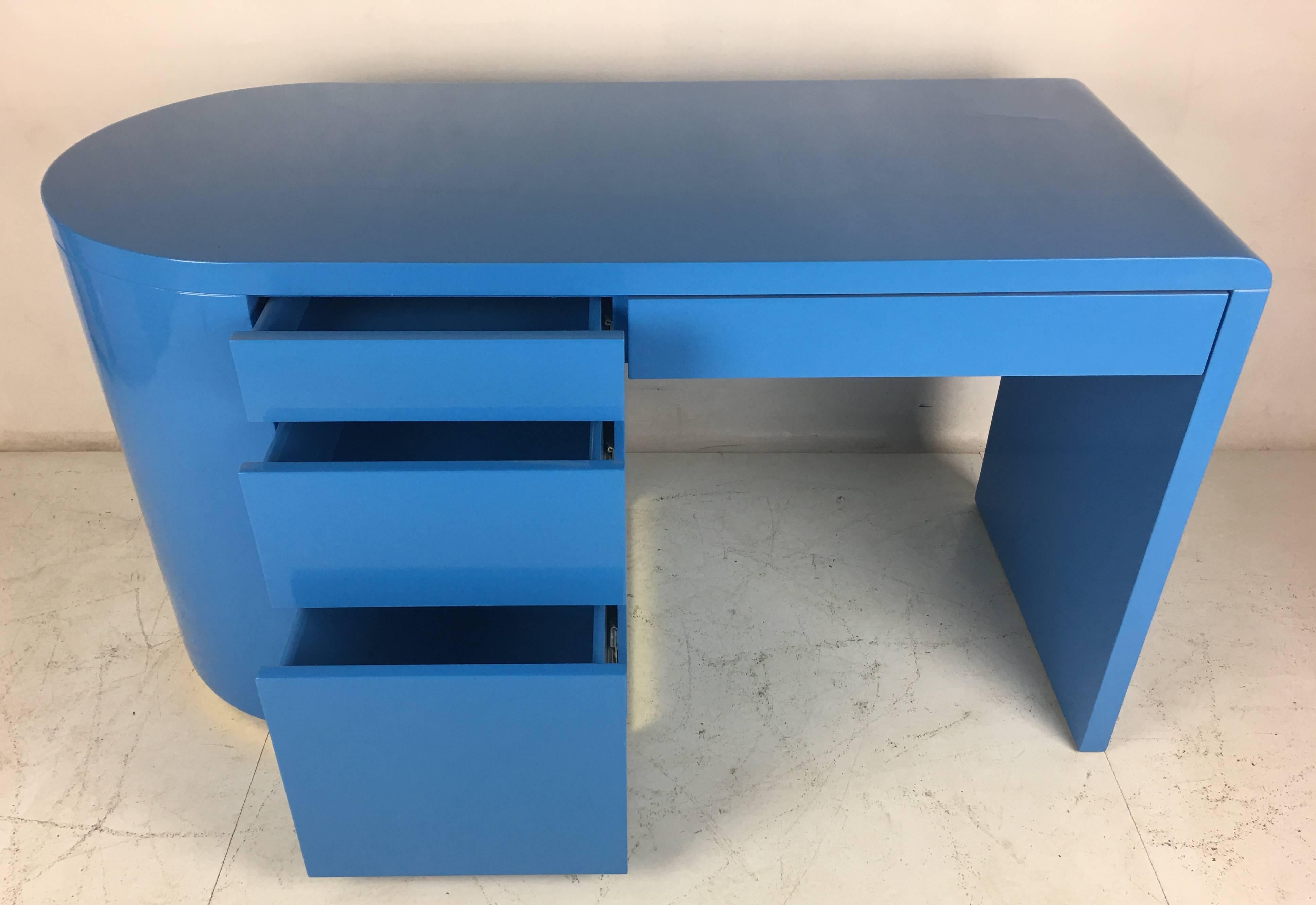 Late 20th Century French Blue Lacquer 1980s Writing Desk with Brass Trim