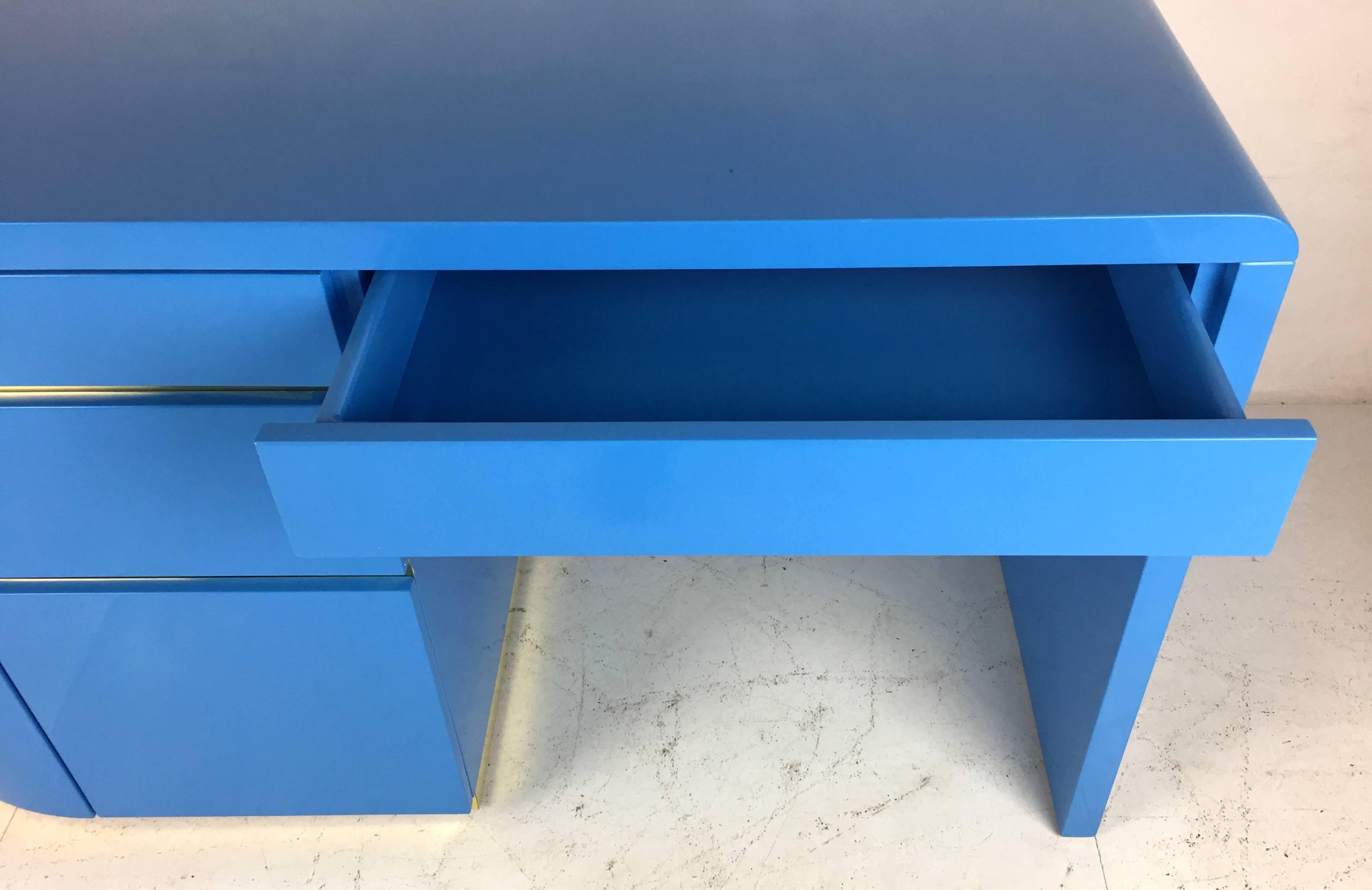 French Blue Lacquer 1980s Writing Desk with Brass Trim 1