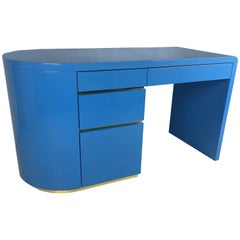French Blue Lacquer 1980s Writing Desk with Brass Trim
