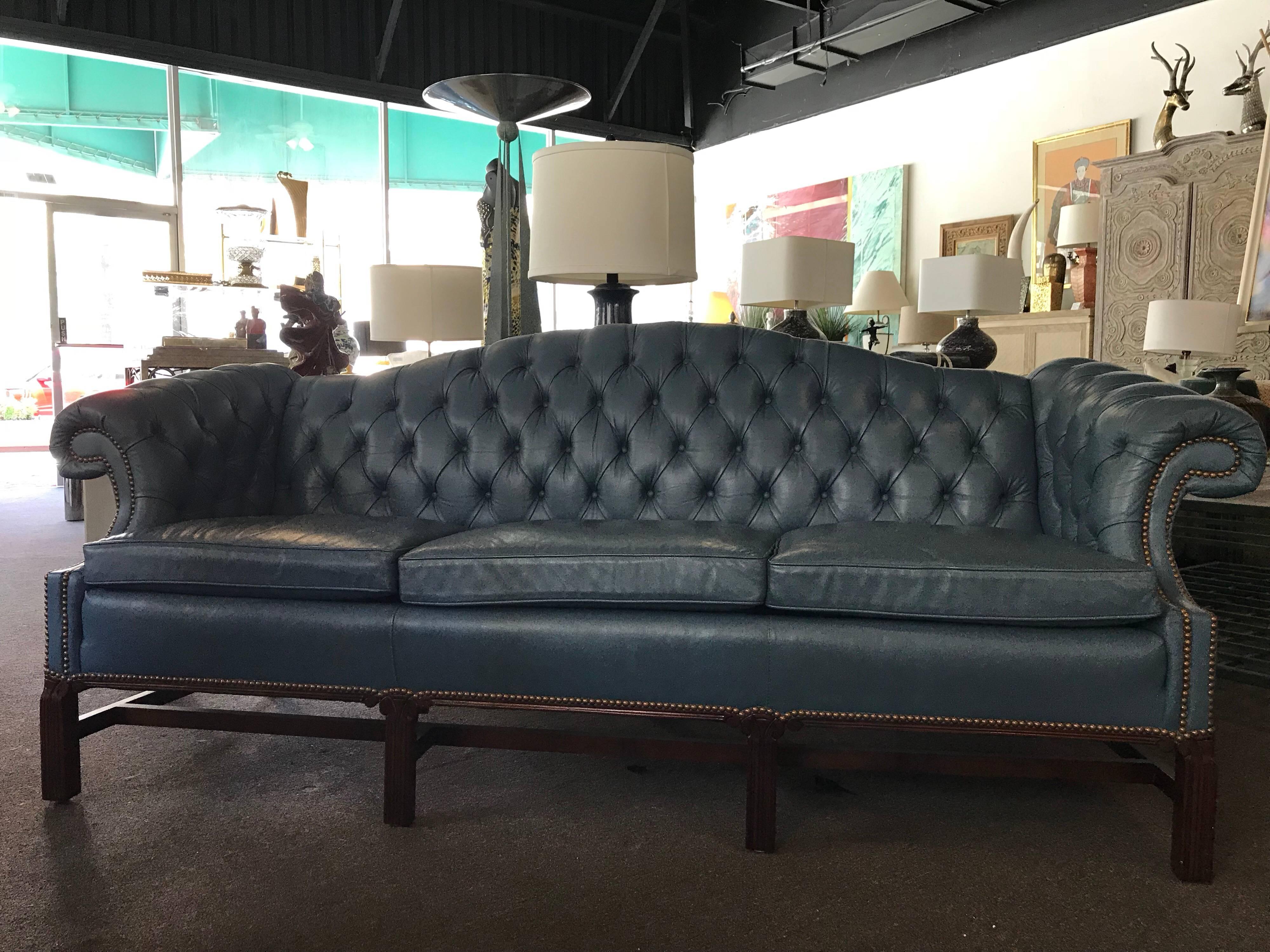 A gorgeous leather sofa made in the USA by Leathercraft in North Carolina. This sofa was custom-made for a library in a fabulous Palm Springs Estate. The color is an unusual but very beautiful French Blue (think medium blue with some grey in it).