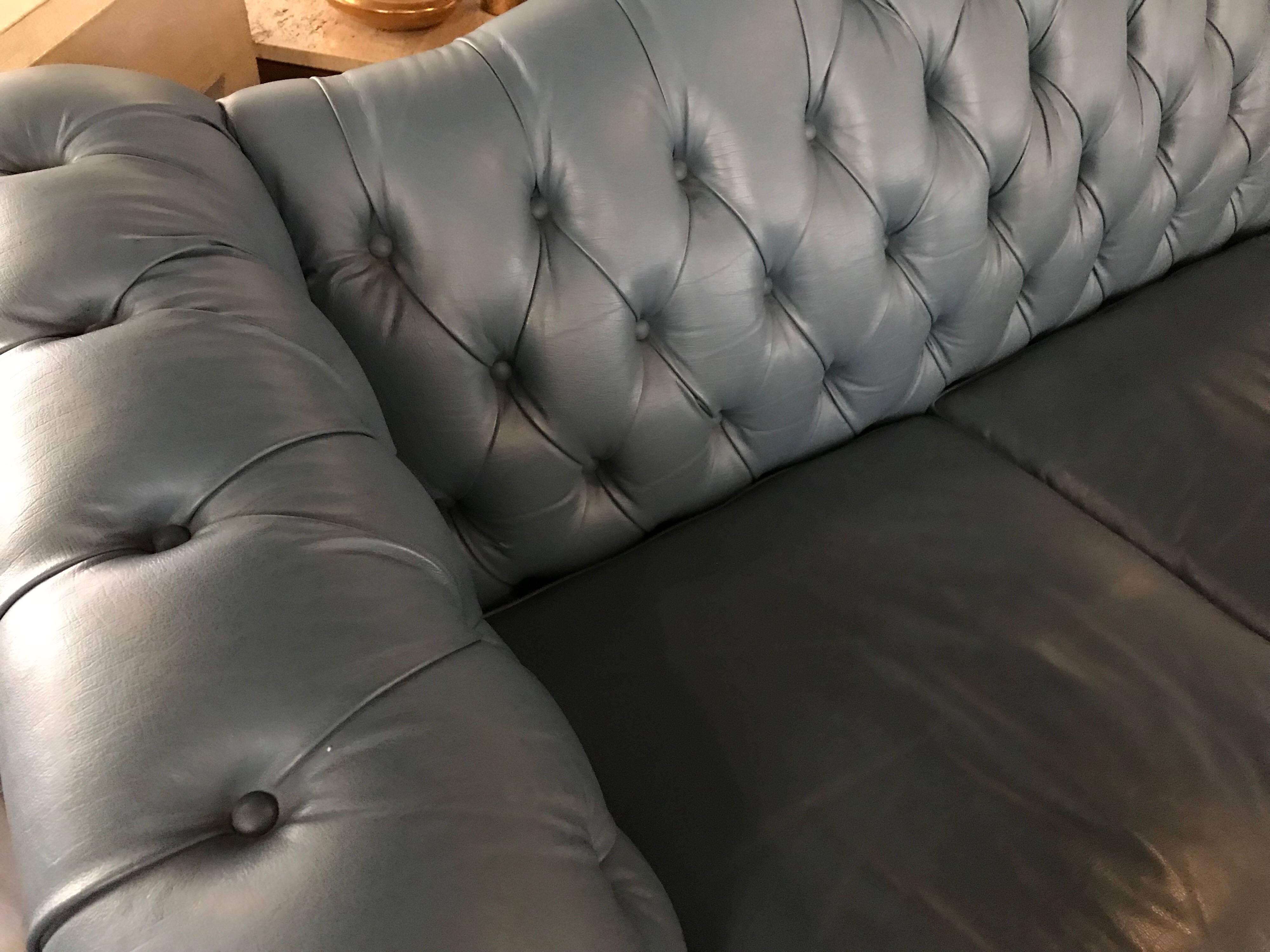 American French Blue Leather Chesterfield Library Sofa