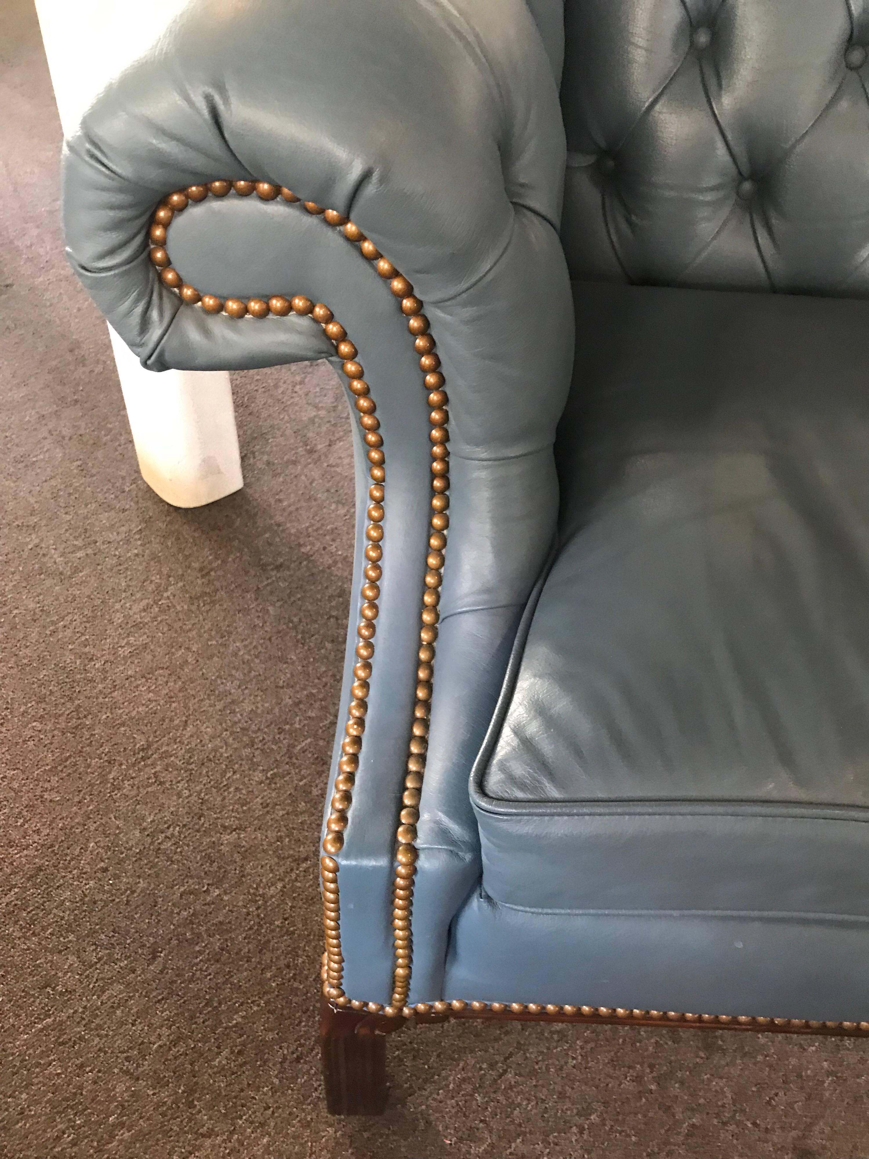 French Blue Leather Chesterfield Library Sofa In Good Condition In Palm Springs, CA