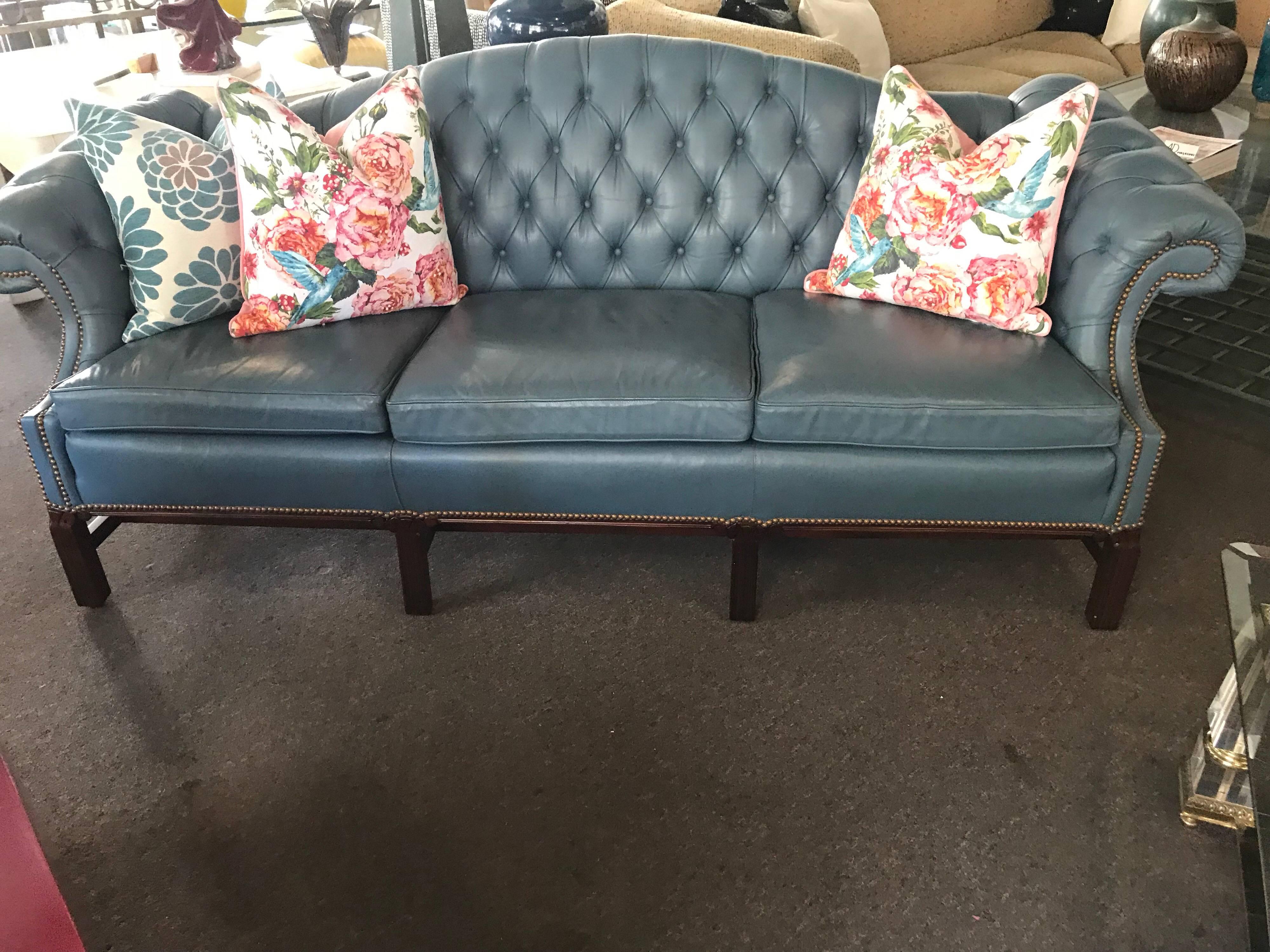 Late 20th Century French Blue Leather Chesterfield Library Sofa