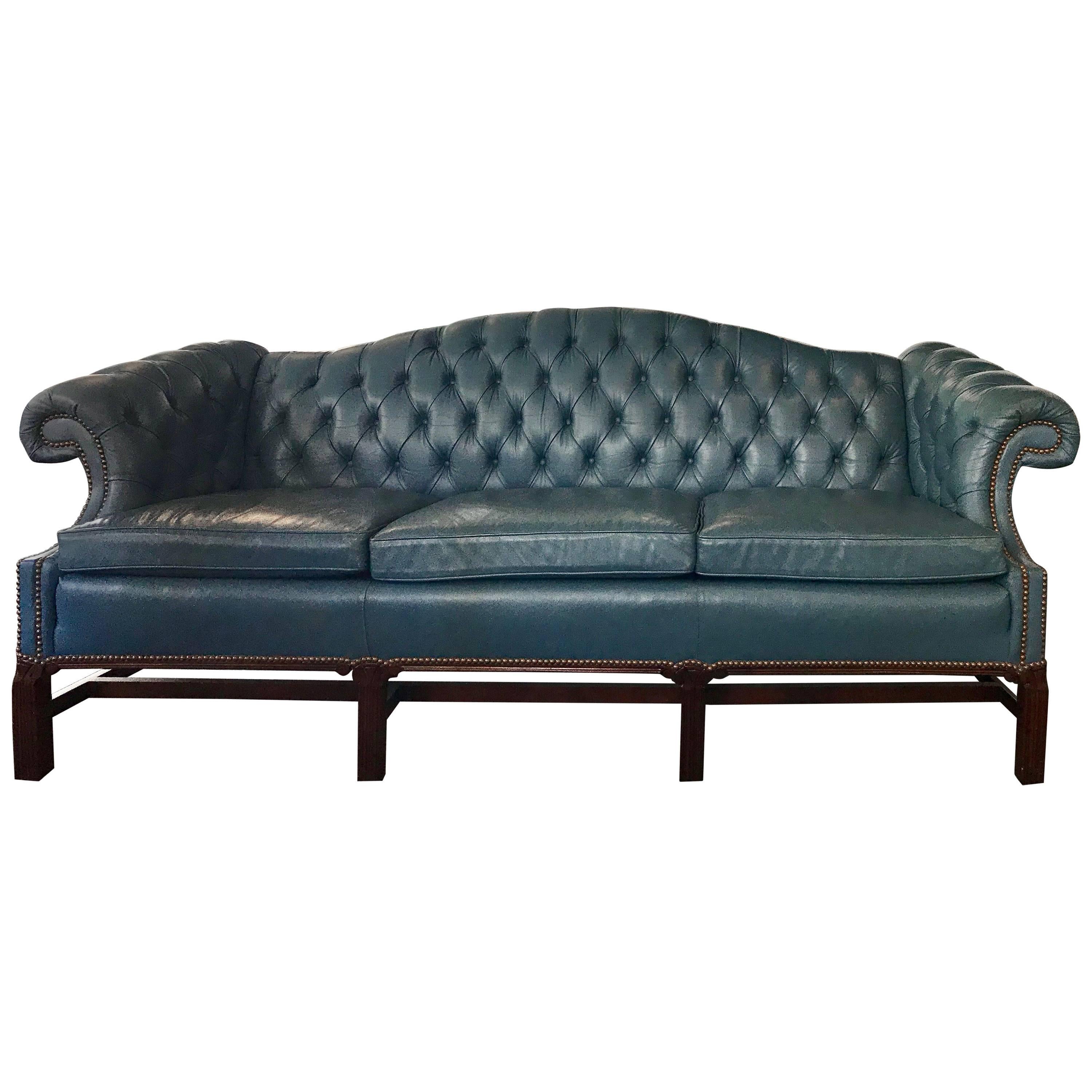 French Blue Leather Chesterfield Library Sofa