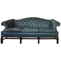 Vintage French Blue Leather Chesterfield Library Sofa
