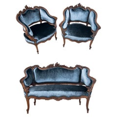 Used French blue living room set, around 1890. After renovation.
