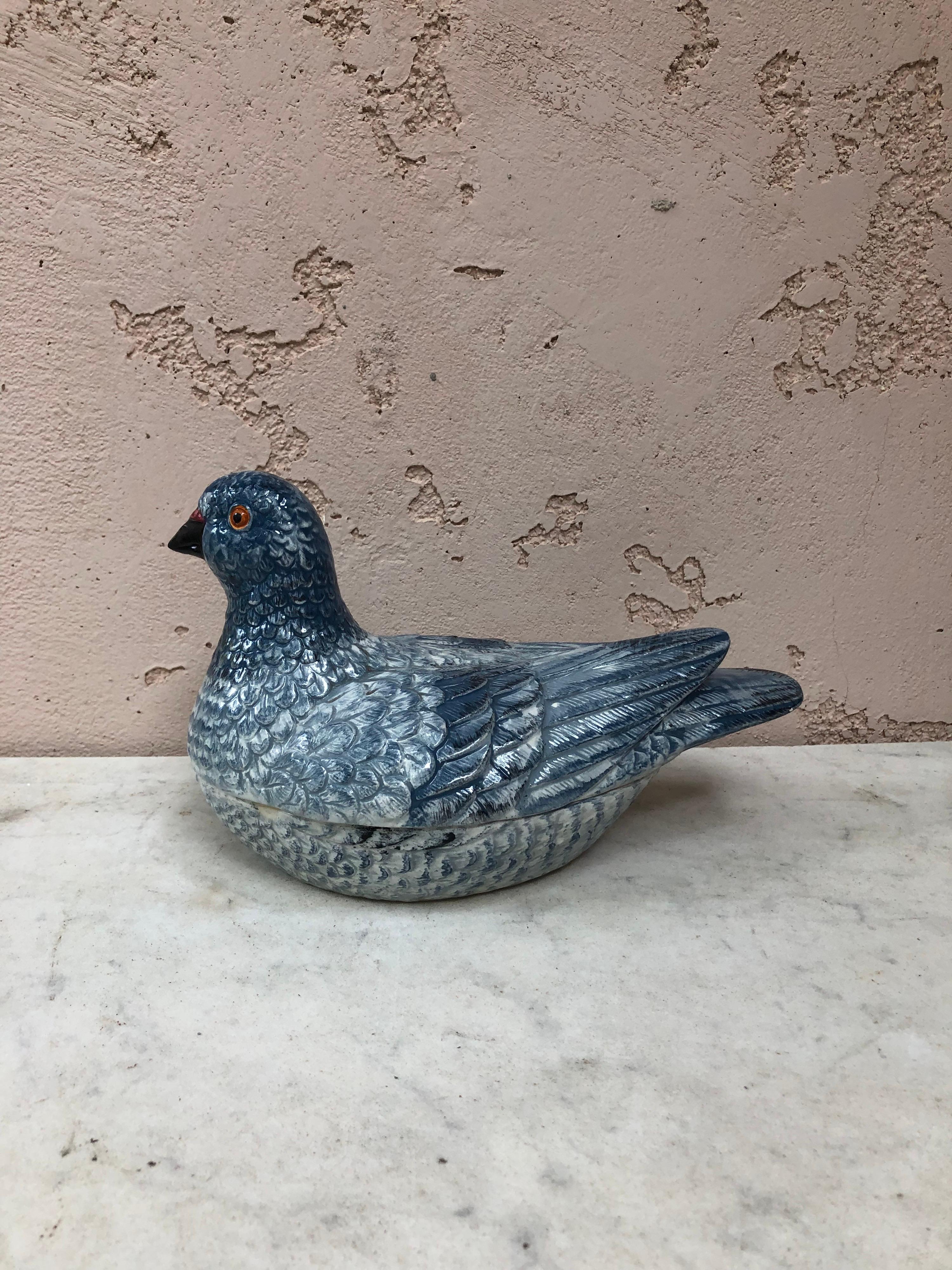 French Blue Majolica Pigeon Tureen, circa 1950 In Good Condition In Austin, TX