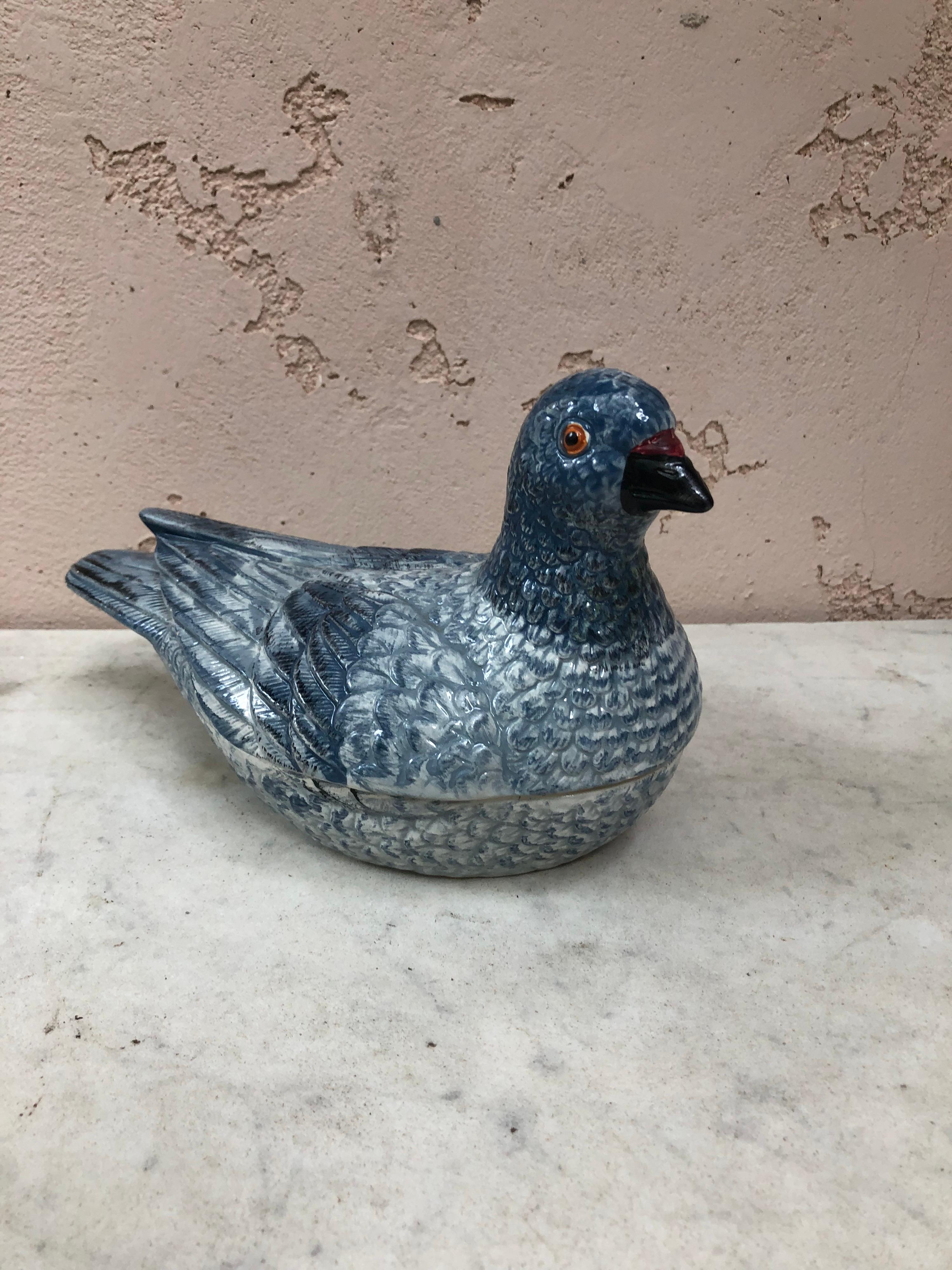 Ceramic French Blue Majolica Pigeon Tureen, circa 1950