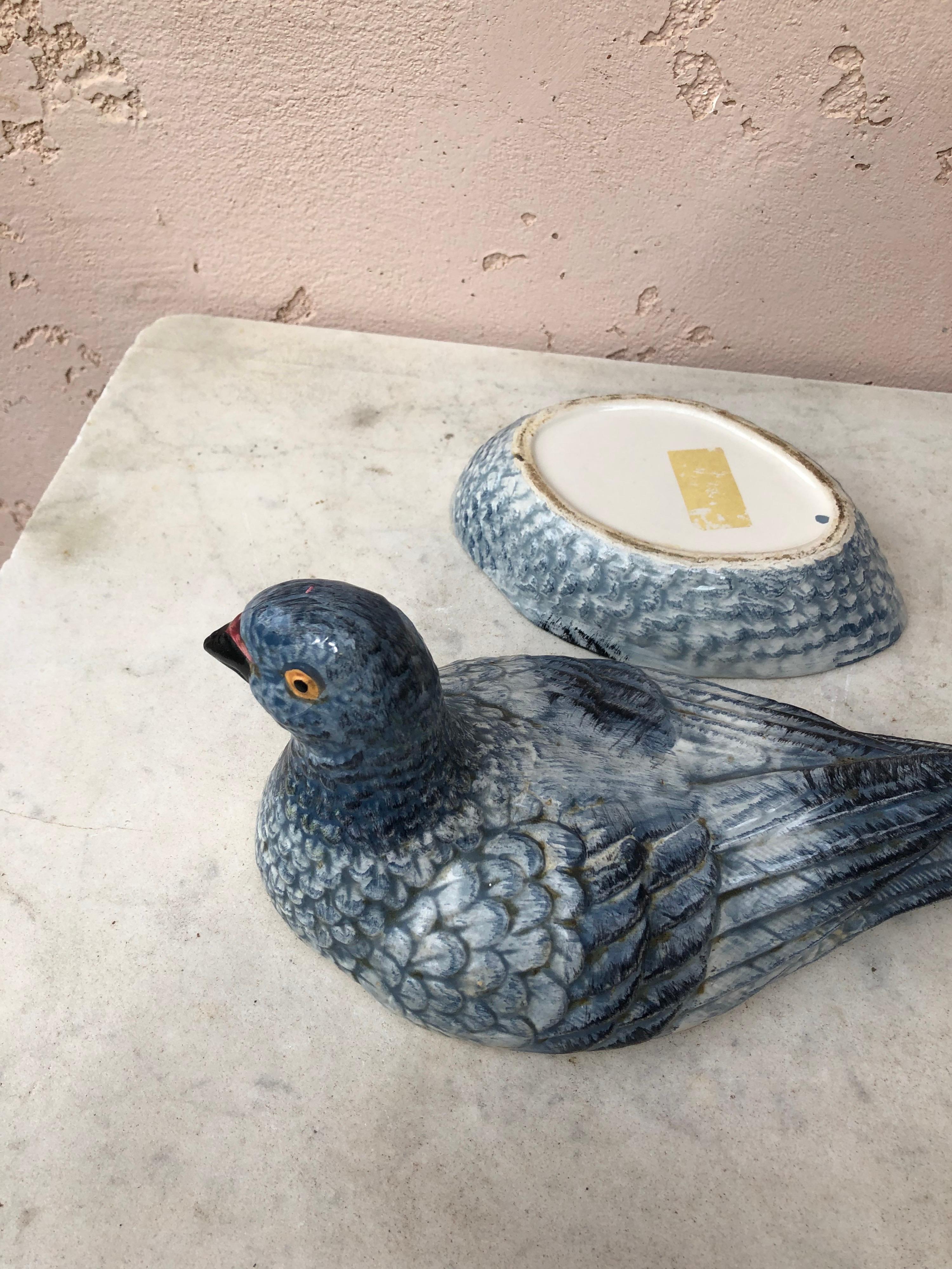 Rustic French Blue Majolica Pigeon Tureen, circa 1950