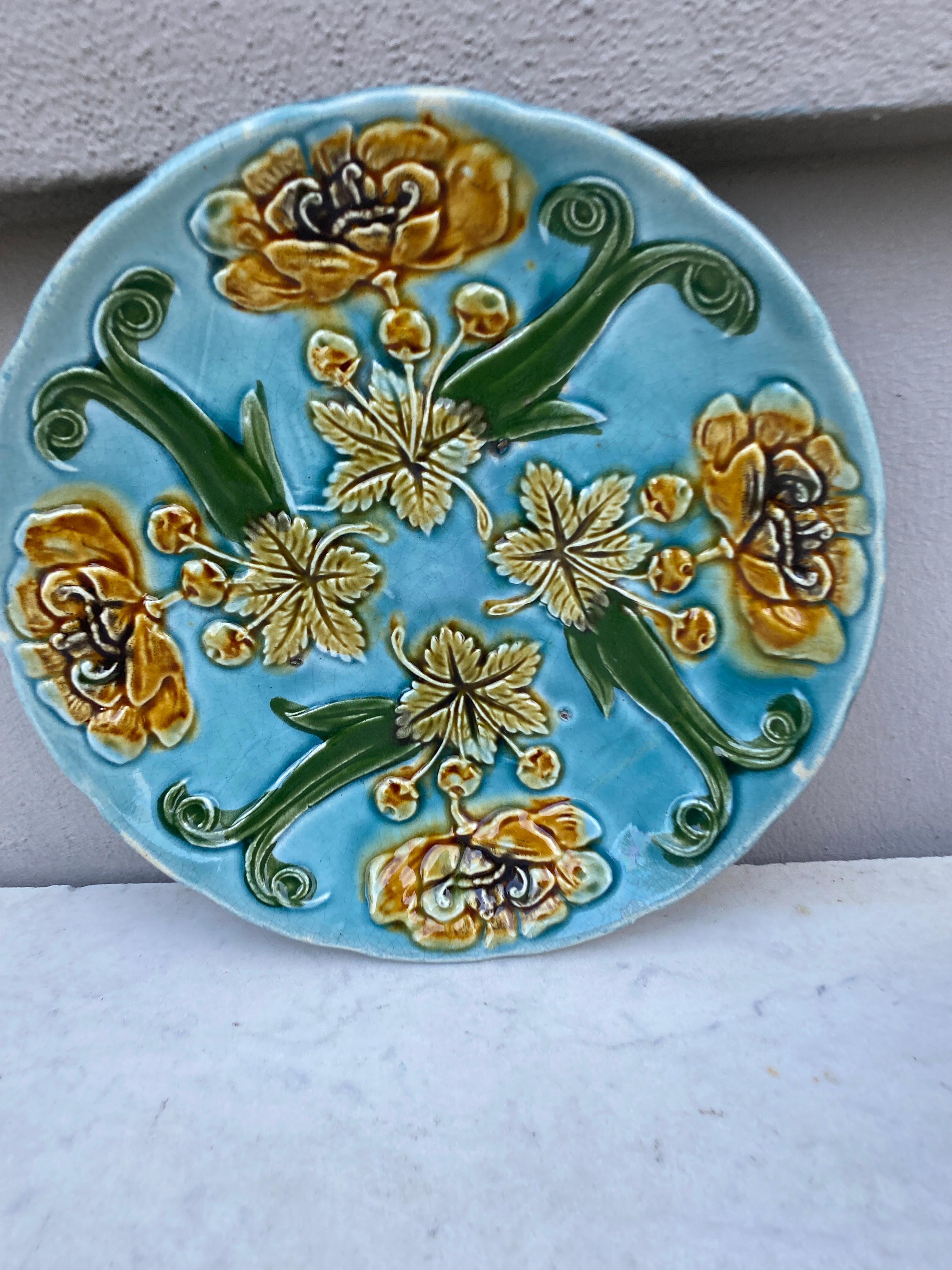 Rustic French Blue Majolica Plate with Yellow Flowers Circa 1890