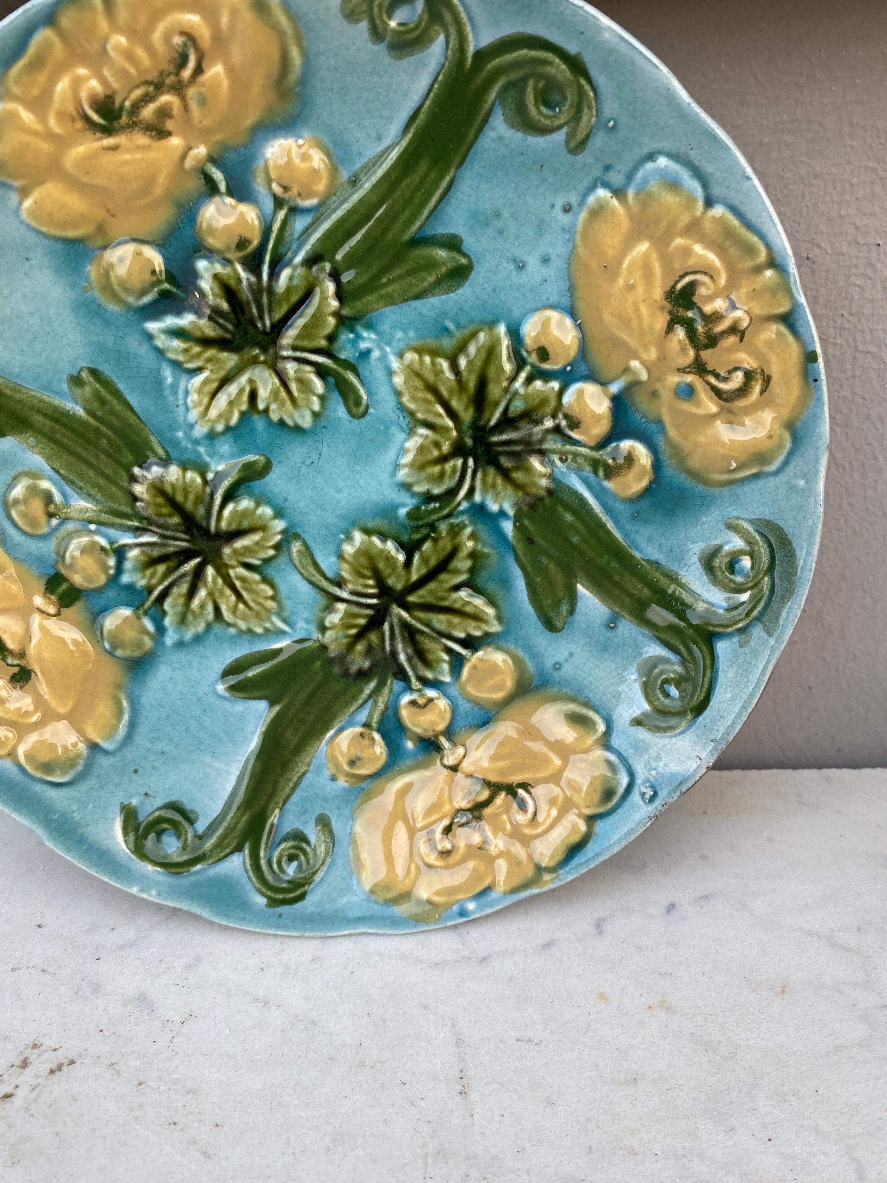 Rustic French Blue Majolica Plate with Yellow Flowers Circa 1890 For Sale