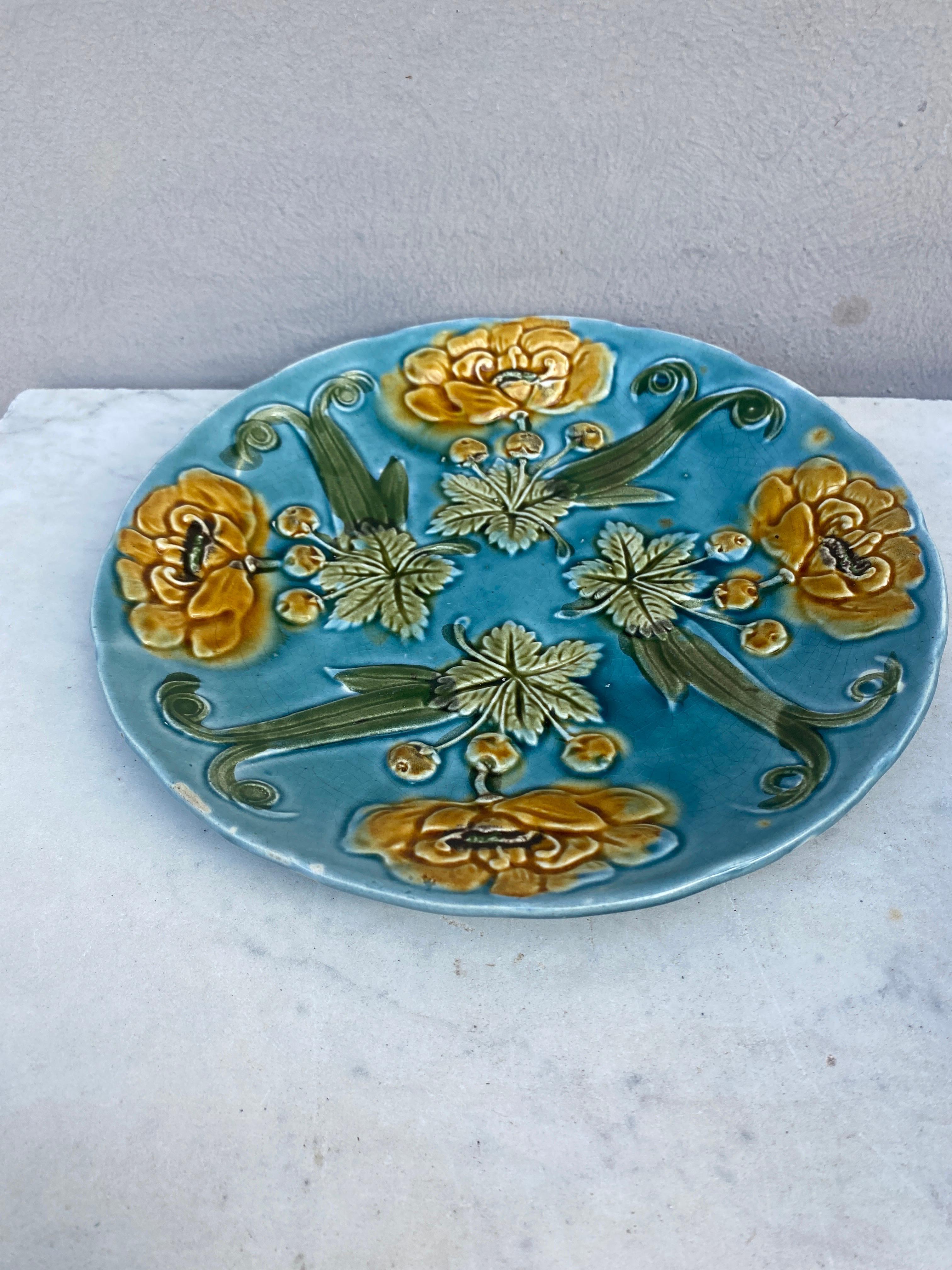 Rustic French Blue Majolica Plate with Yellow Flowers Circa 1890 For Sale