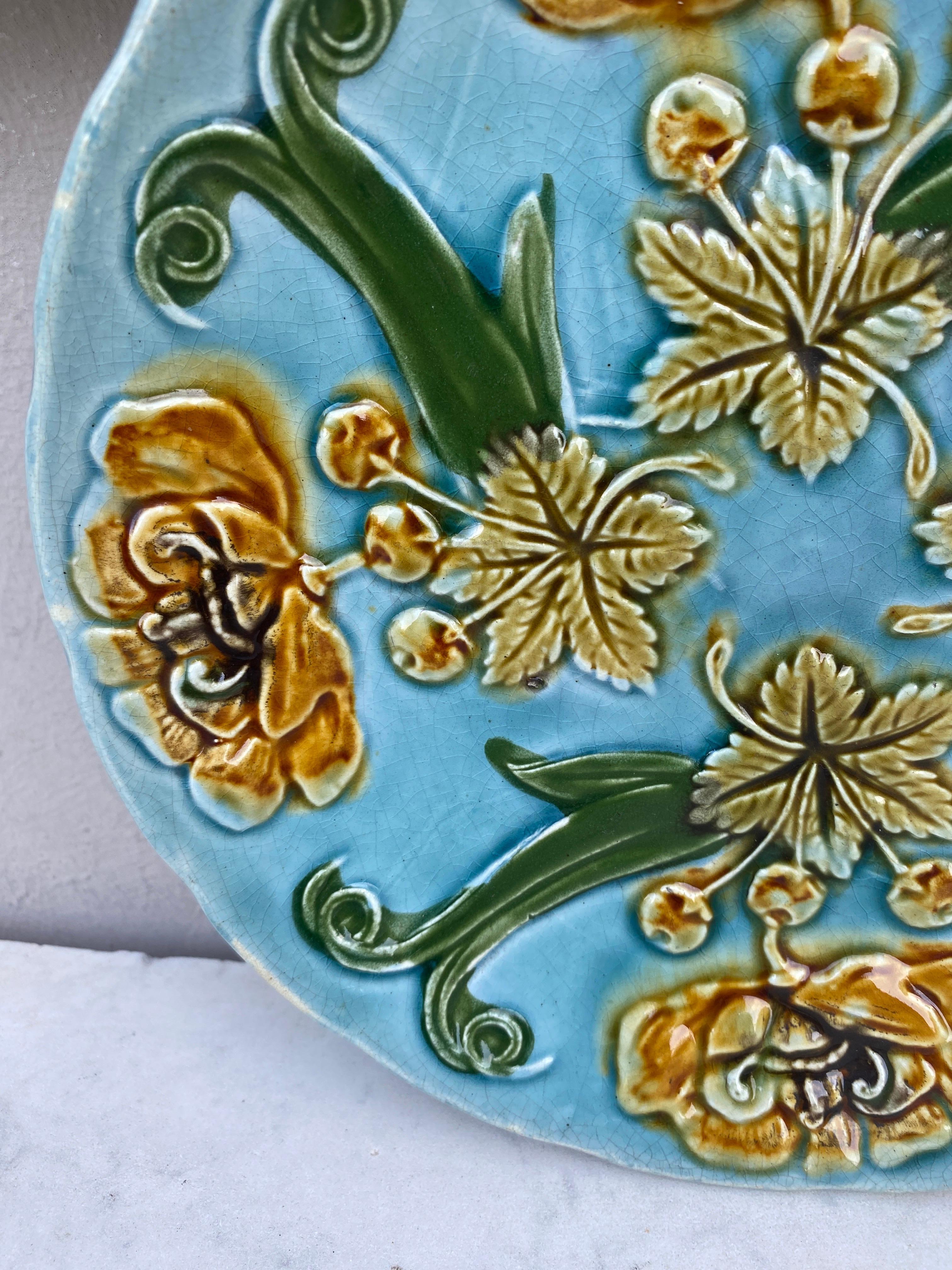 French Blue Majolica Plate with Yellow Flowers Circa 1890 In Good Condition For Sale In Austin, TX