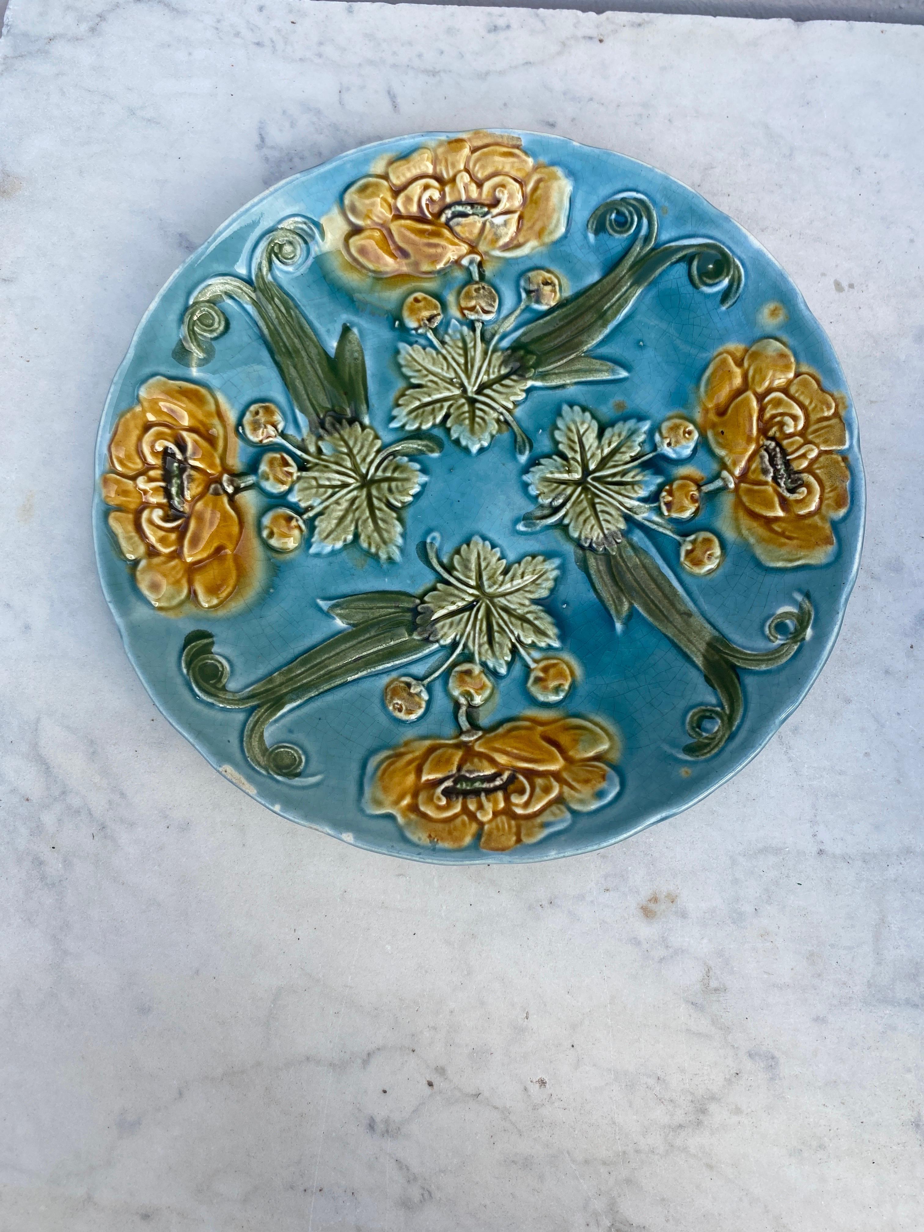 French Blue Majolica Plate with Yellow Flowers Circa 1890 In Good Condition For Sale In Austin, TX
