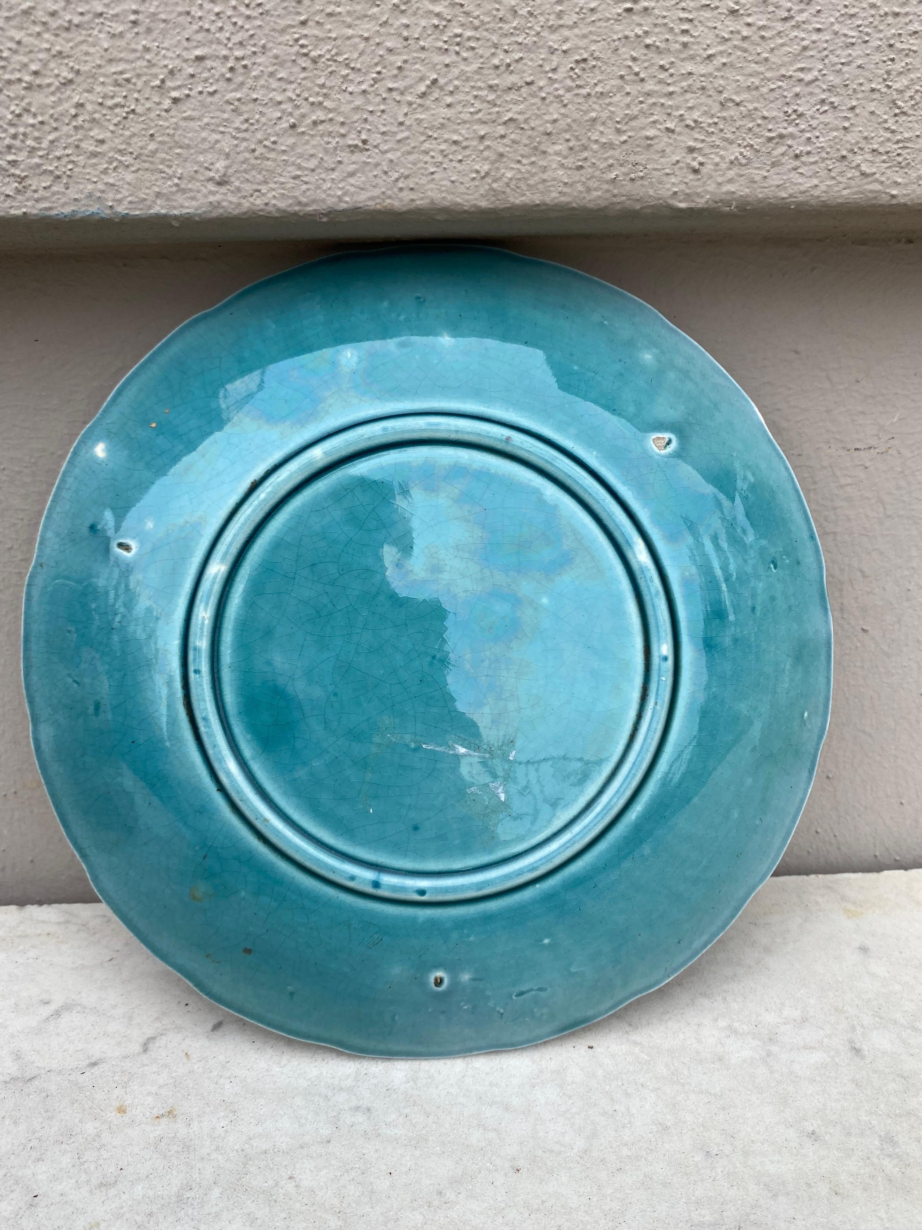 Rustic French Blue Majolica Plate with Yellow Flowers Circa 1890