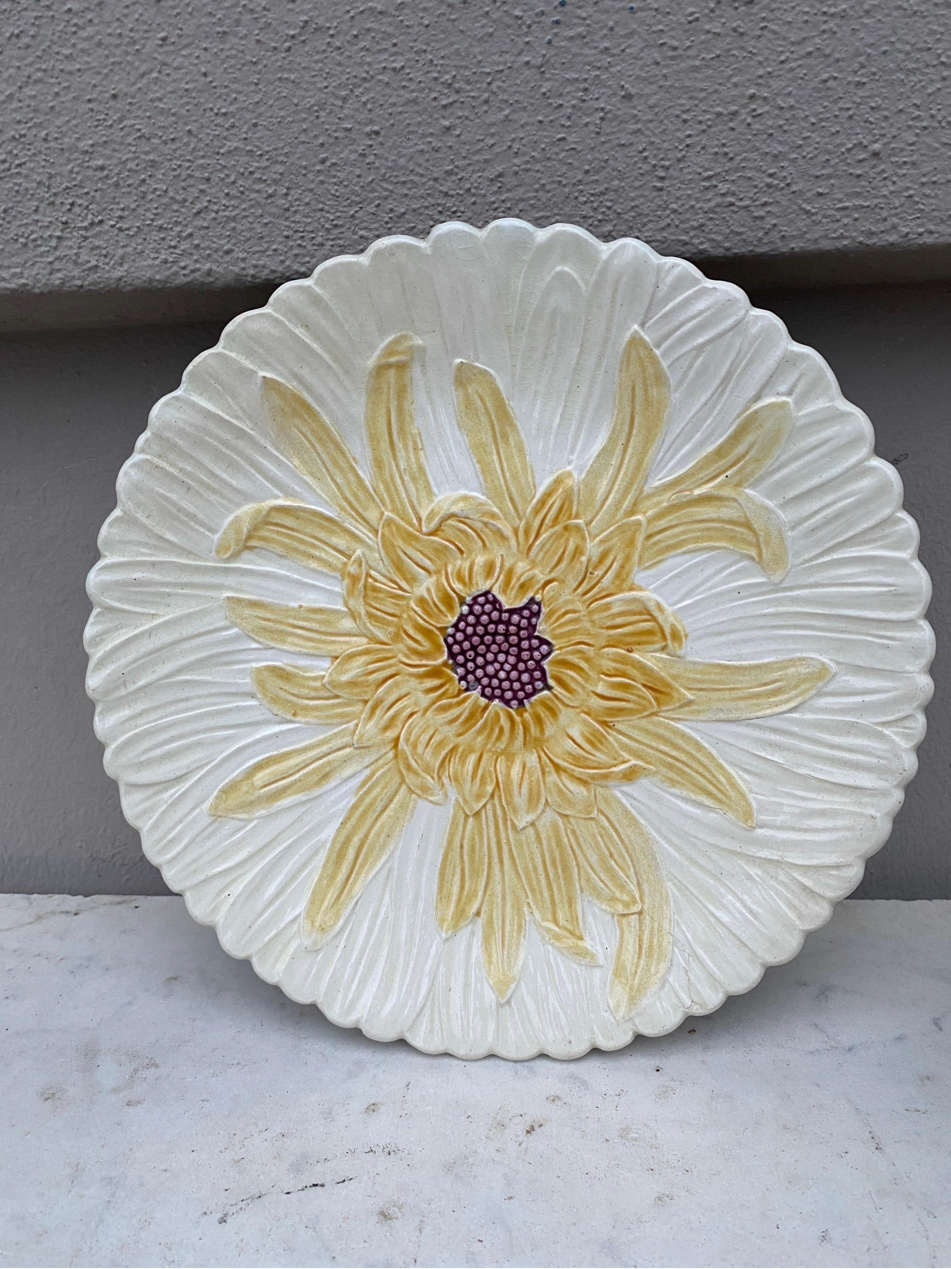 Ceramic French Blue Majolica Plate with Yellow Flowers Circa 1890 For Sale
