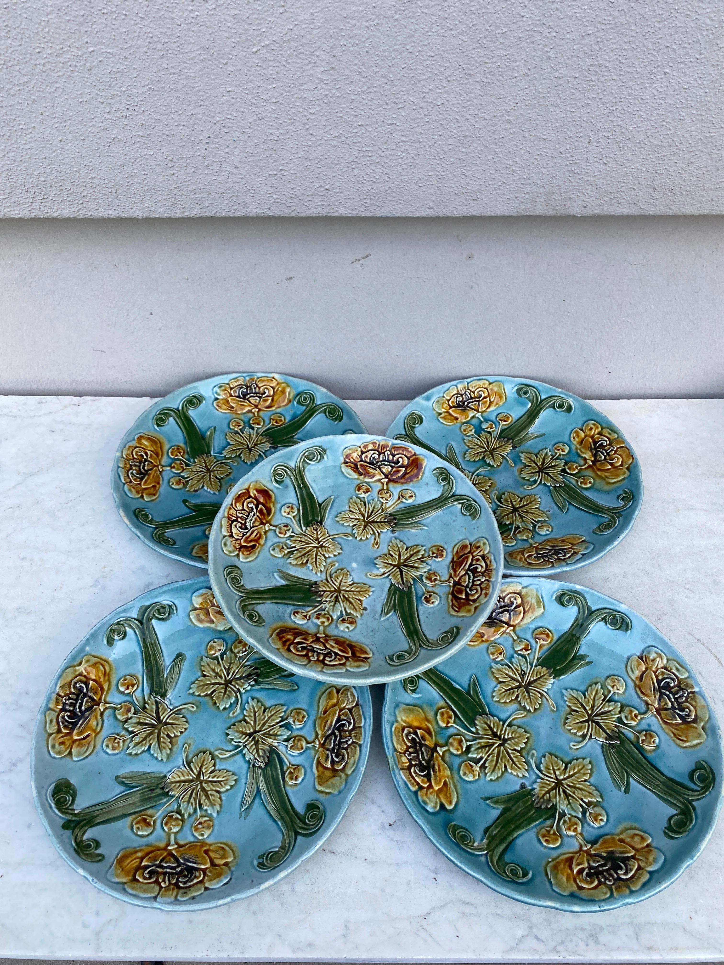 French Blue Majolica Plate with Yellow Flowers Circa 1890 1