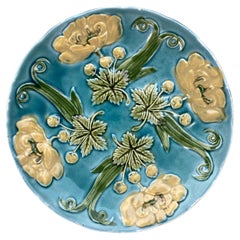 French Blue Majolica Plate with Yellow Flowers Circa 1890