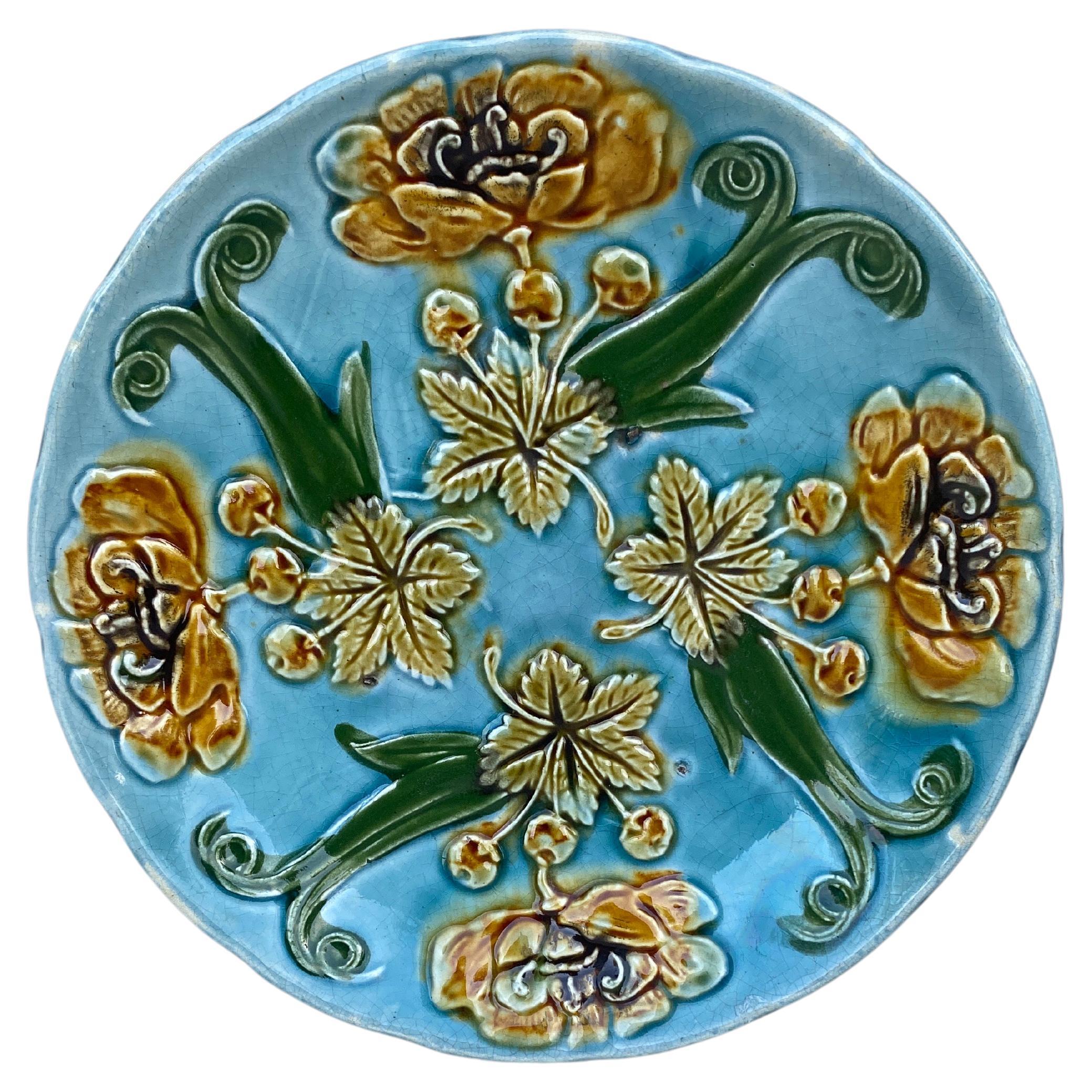 French Blue Majolica Plate with Yellow Flowers Circa 1890 For Sale