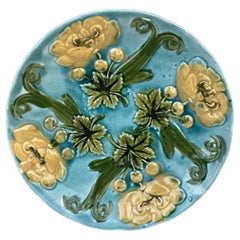 Antique French Blue Majolica Plate with Yellow Flowers Circa 1890