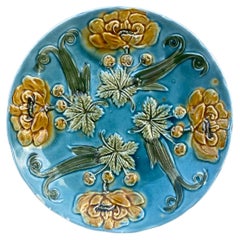 French Blue Majolica Plate with Yellow Flowers Circa 1890