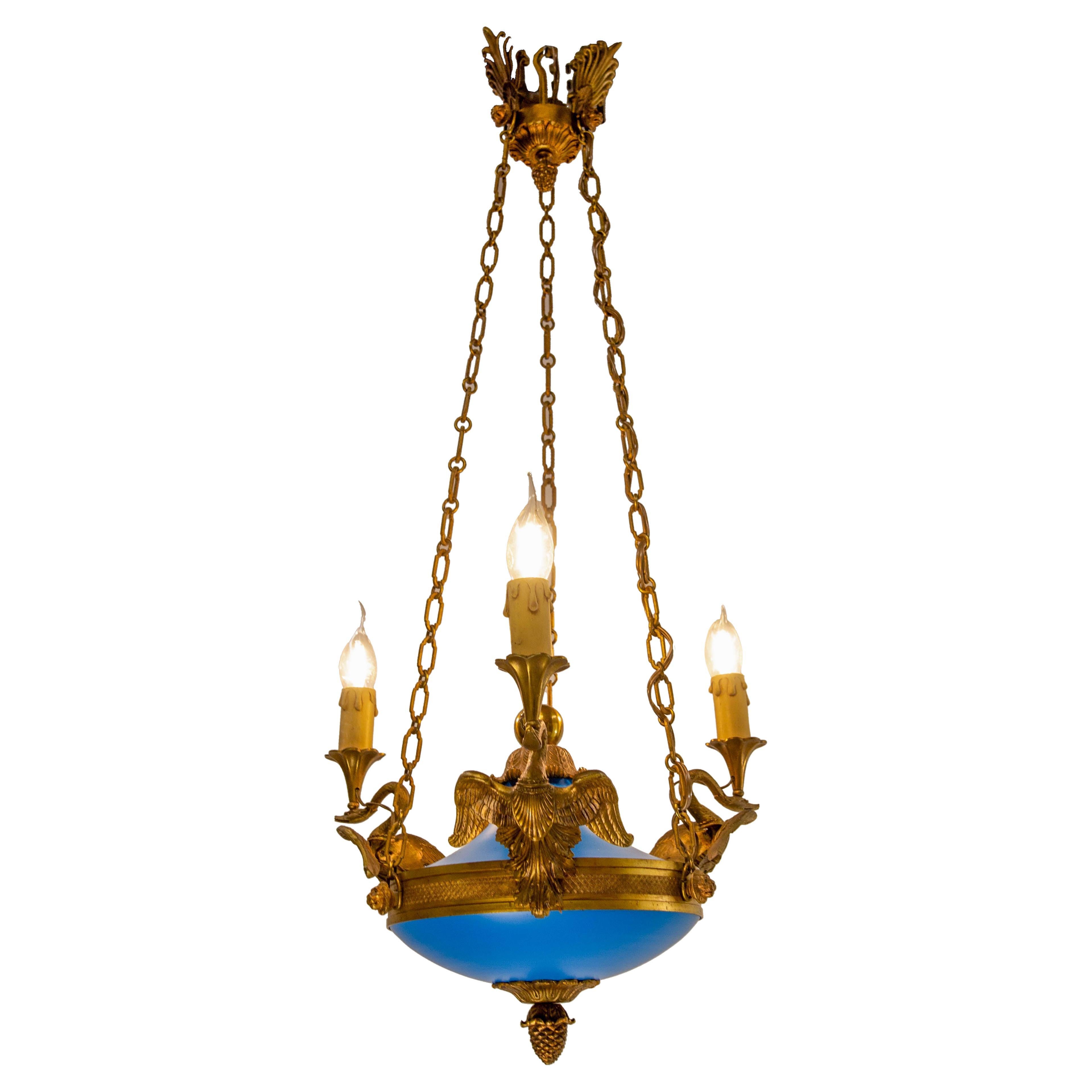 Colgante de techo de metal y latón azul francés estilo Napoleón III, hacia 1960