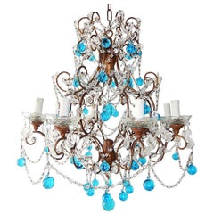 French Blue Murano Balls Beaded Swags Chandelier, circa 1900