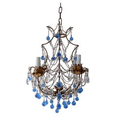 French Blue Murano Balls Beaded Swags Chandelier, circa 1920