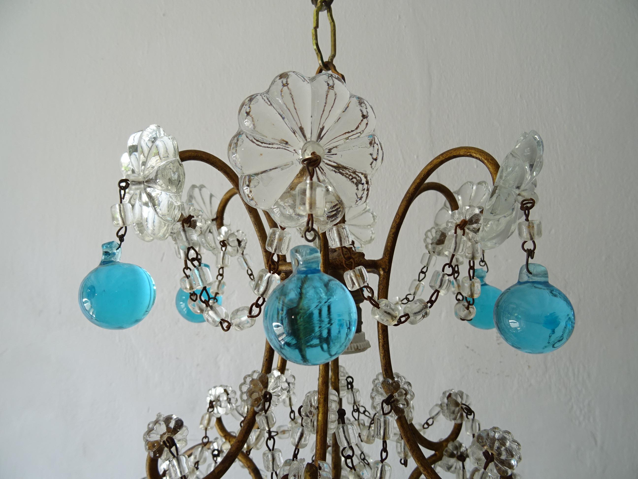 Baroque French Blue Murano Drops Crystal Prisms Chandelier, circa 1920 For Sale