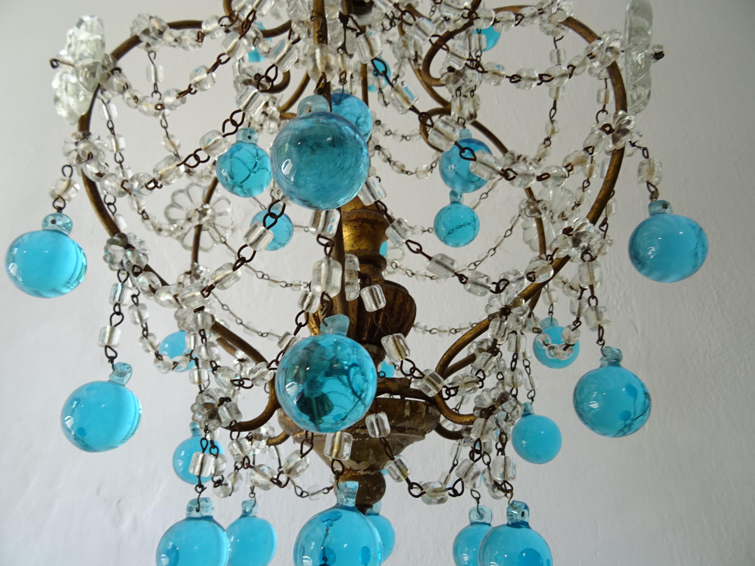 Early 20th Century French Blue Murano Drops Crystal Prisms Chandelier, circa 1920 For Sale