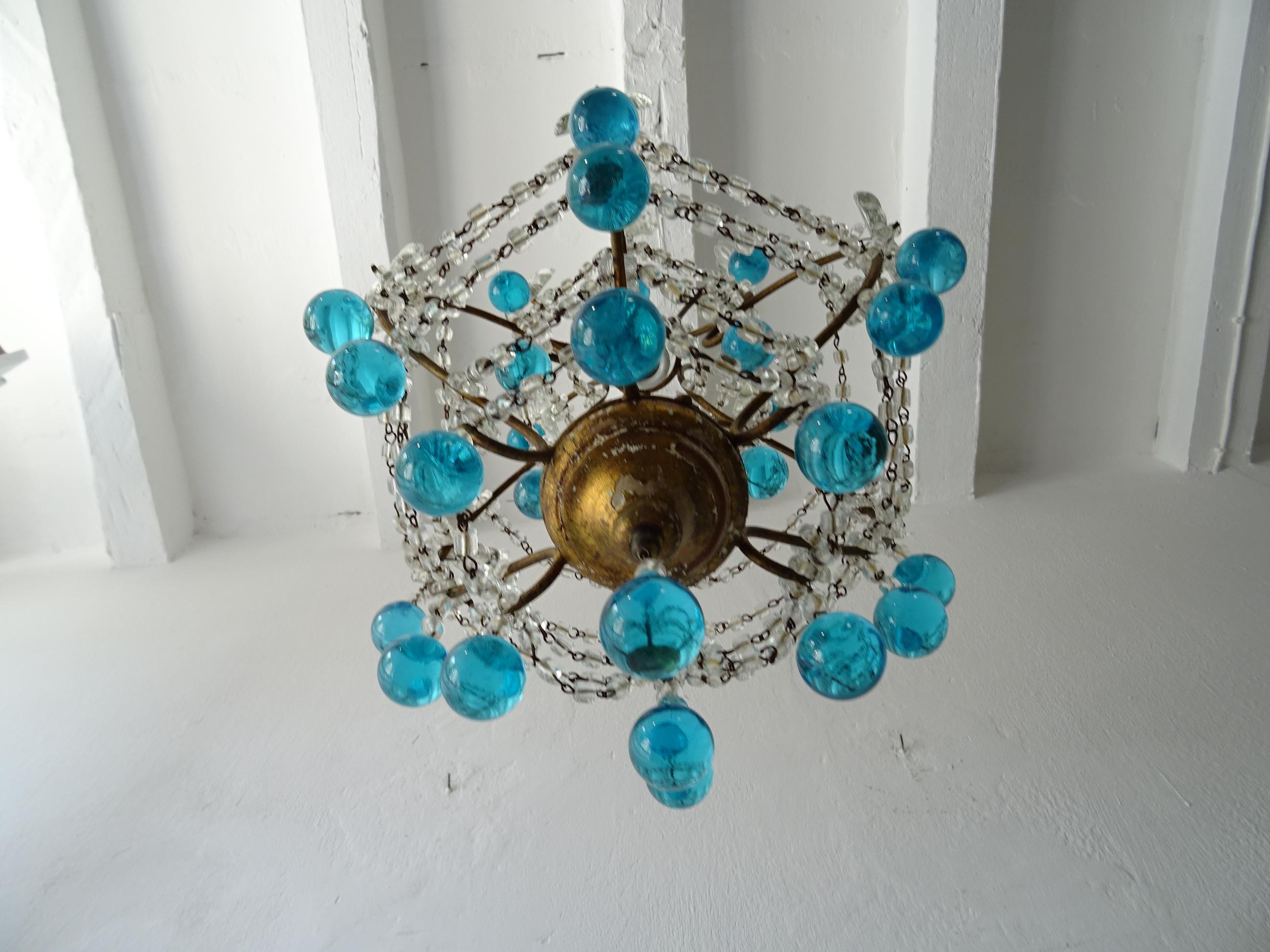 French Blue Murano Drops Crystal Prisms Chandelier, circa 1920 For Sale 1