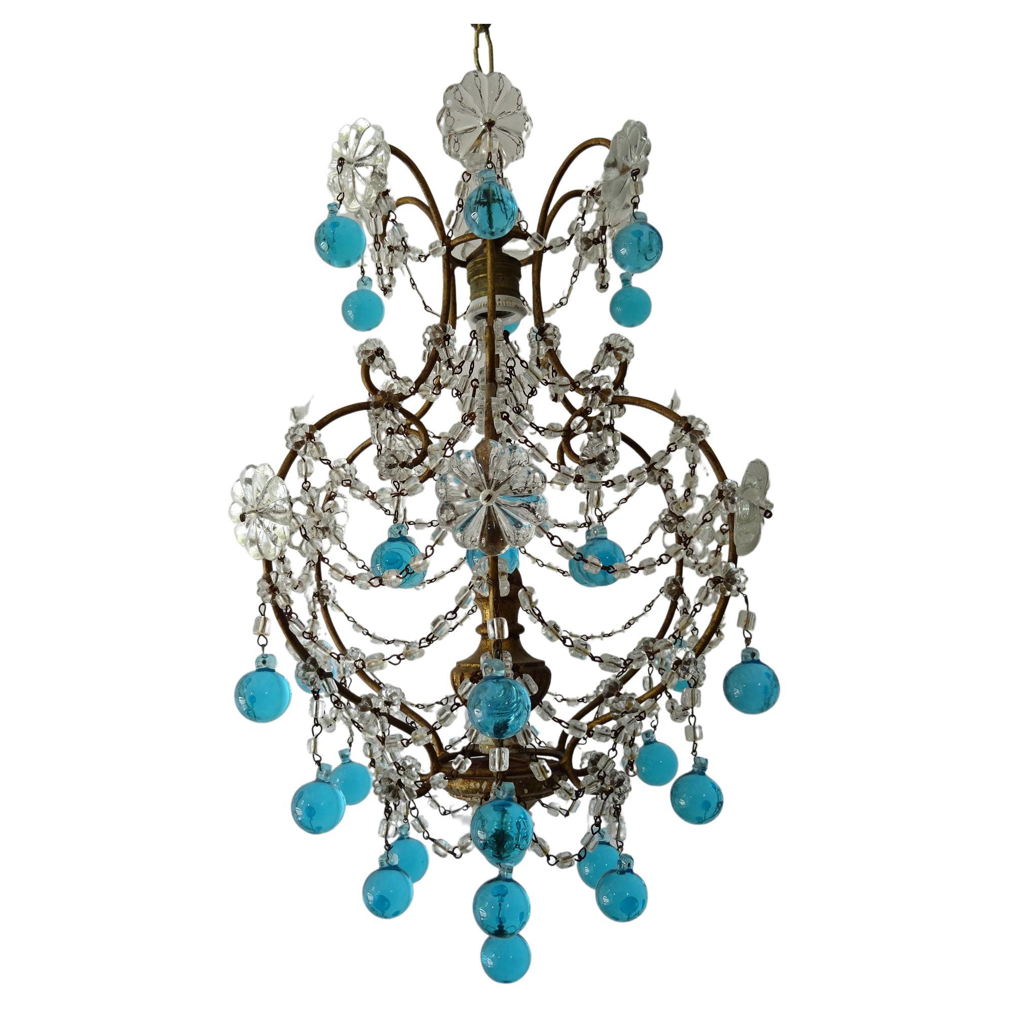 French 3 Tier Aqua Blue Rare Prisms Crystal Murano Chandelier, circa