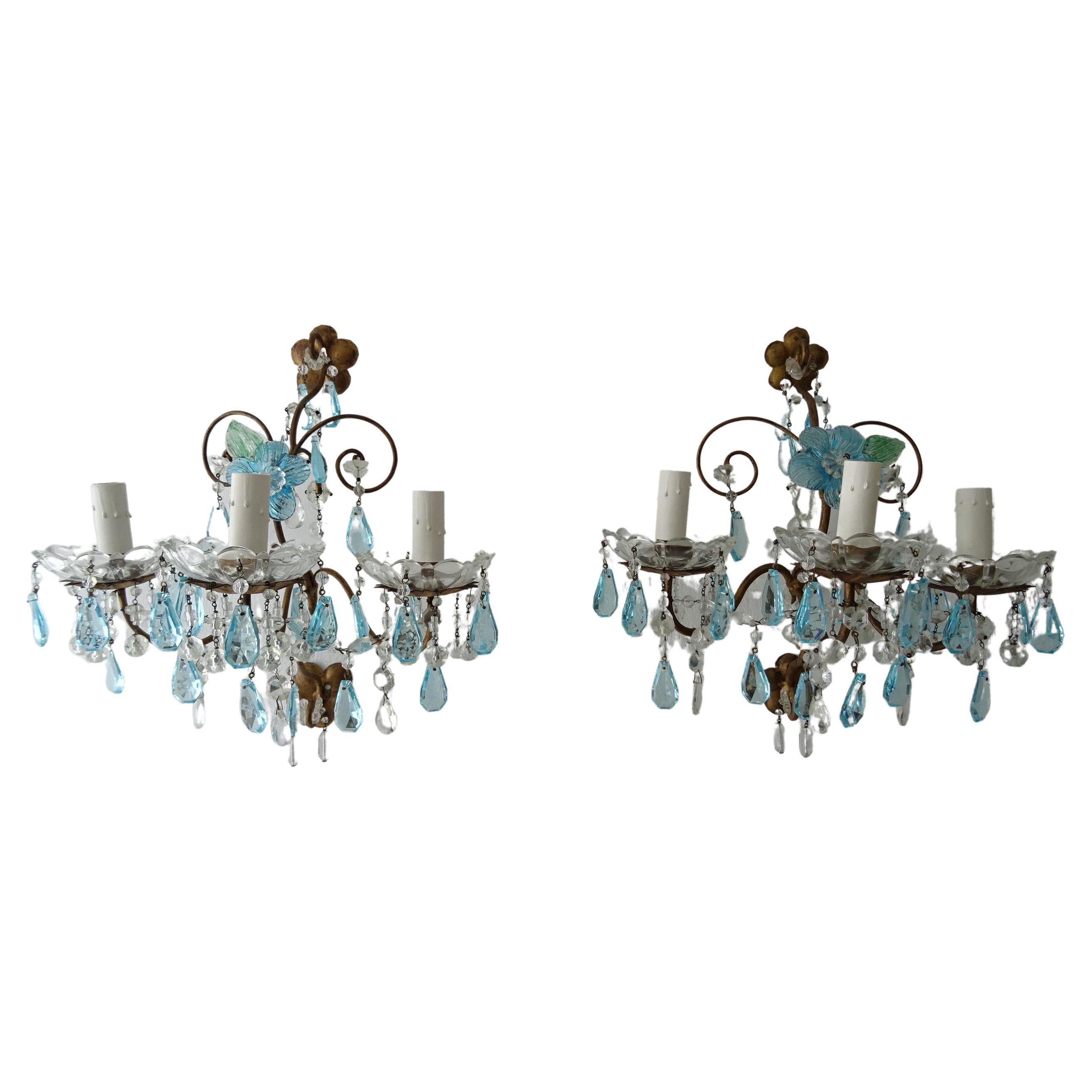 French Blue Murano Flowers Crystal Prisms Three-Light Sconces, circa 1900