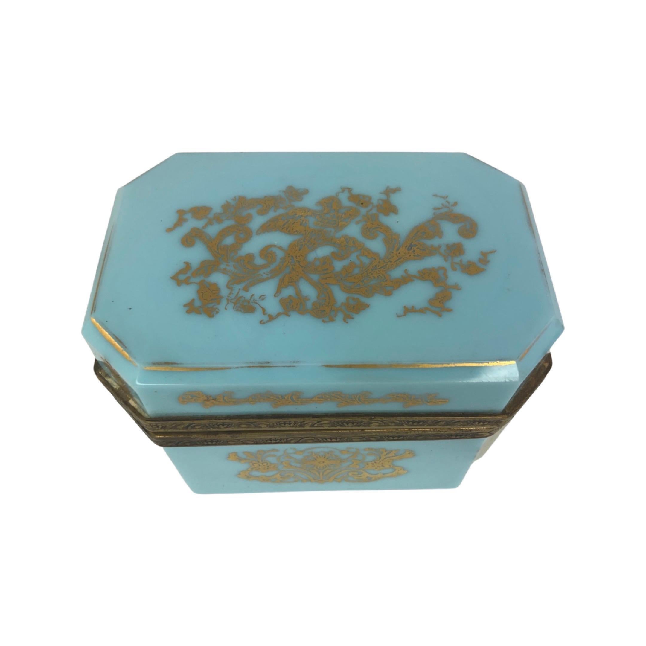 Late Victorian French Blue Opaline and Bronze Jewelry Vanity Box, Hand painted Gold Decoration