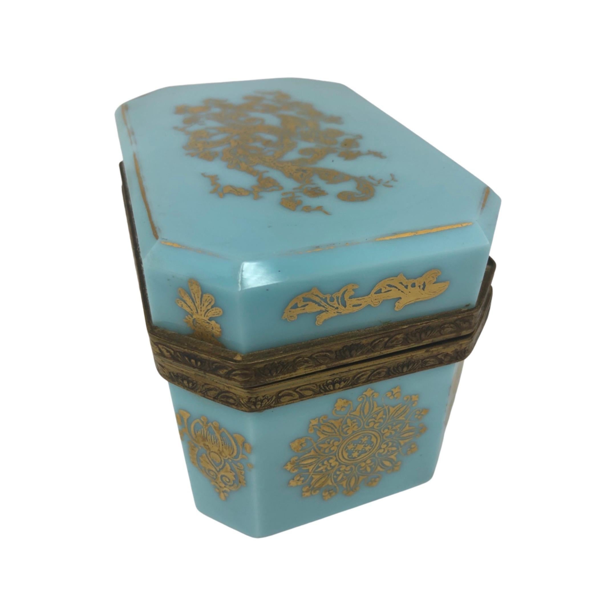 Hand-Crafted French Blue Opaline and Bronze Jewelry Vanity Box, Hand painted Gold Decoration