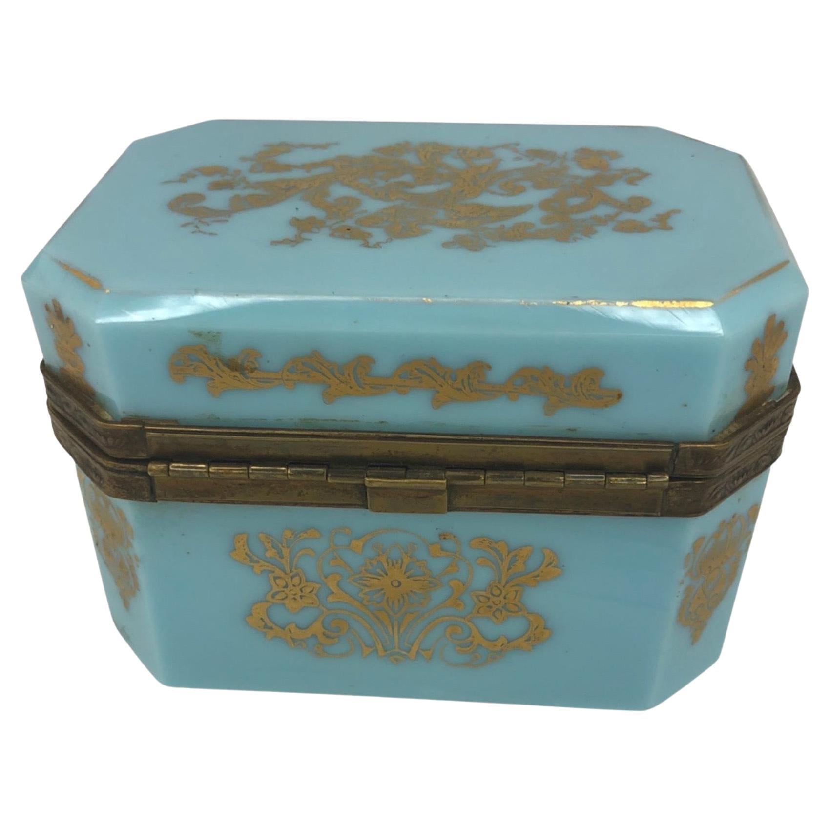 French Blue Opaline and Bronze Jewelry Vanity Box, Hand painted Gold Decoration In Good Condition In Haddonfield, NJ