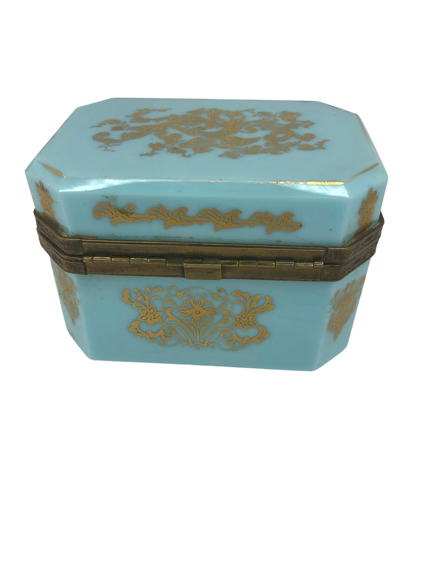 Early 20th Century French Blue Opaline and Bronze Jewelry Vanity Box, Hand painted Gold Decoration