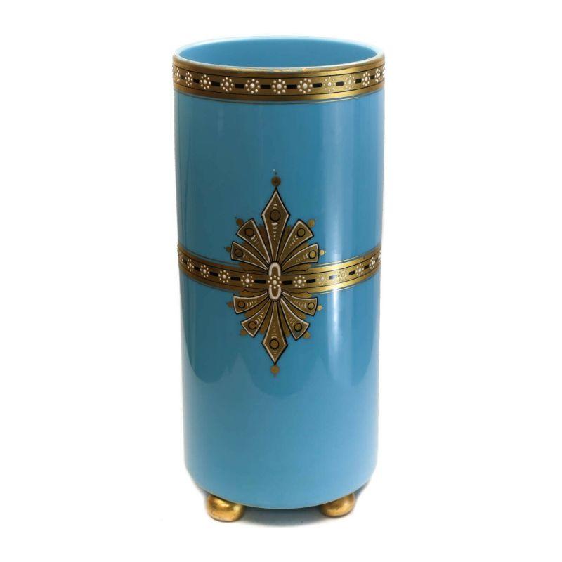 French blue opaline art glass painted enamel vase, beauty with Harp, circa 1900.

The central image of the vase depicts a stunning hand painted beauty playing the harp. Gilt accents with white enamel dots throughout.

Additional