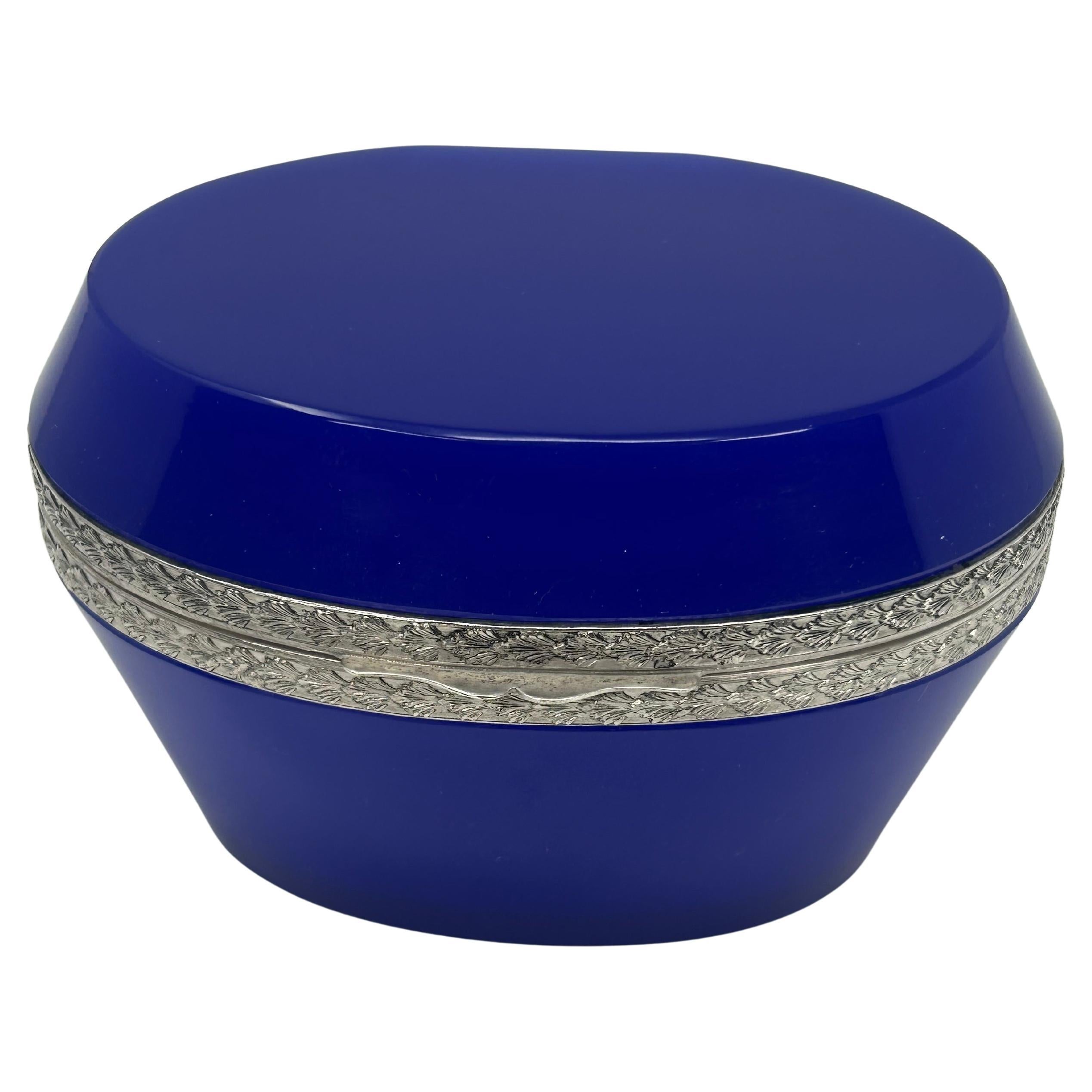 French Blue Opaline Box with Silver Mounts