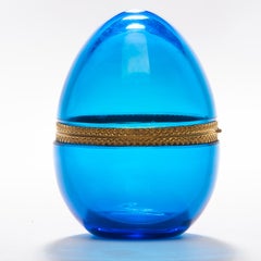 French Blue Opaline Glass and Brass Egg Shaped Box