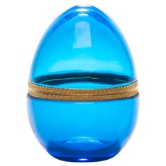 Antique French Blue Opaline Glass and Brass Egg Shaped Box