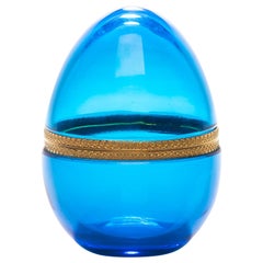 French Blue Opaline Glass and Brass Egg Shaped Box